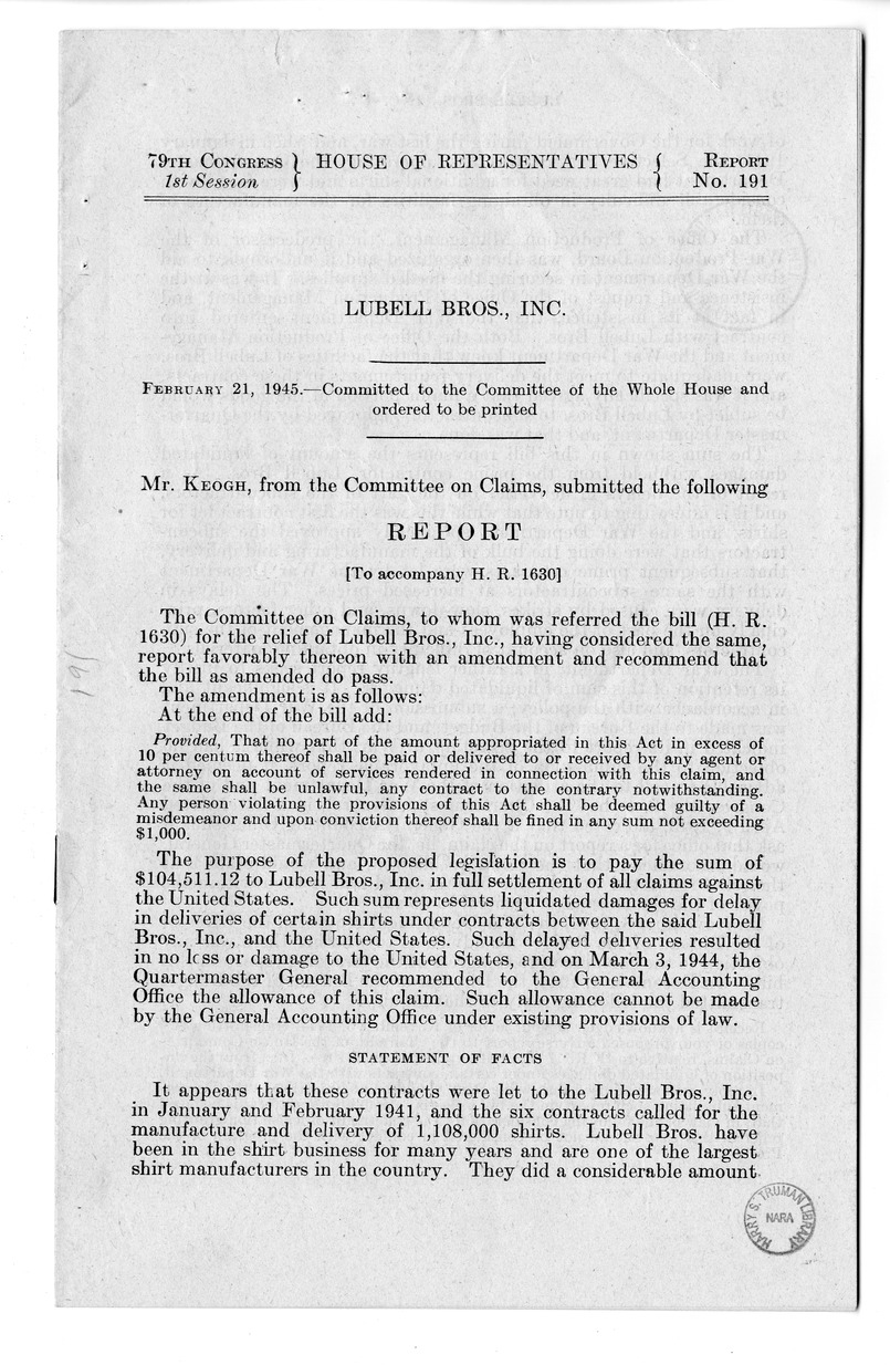 Memorandum from Harold D. Smith to M. C. Latta, H.R. 1630, For the Relief of Lubell Brothers, Incorporated, with Attachments
