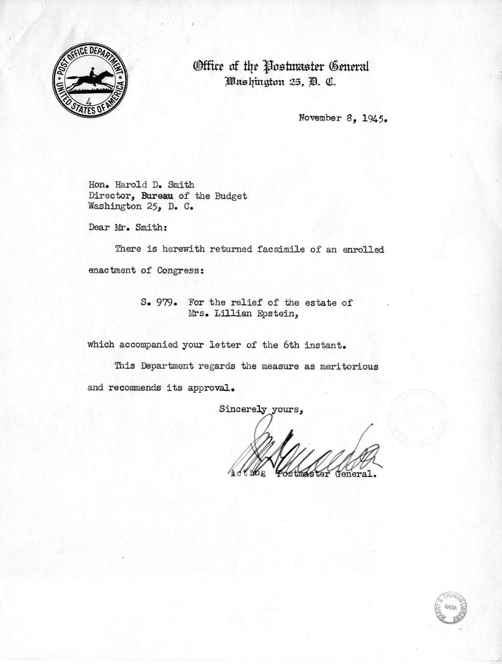 Memorandum from Frederick J. Bailey to M. C. Latta, S. 979, For the Relief of the Estate of Mrs. Lillian Epstein, with Attachments