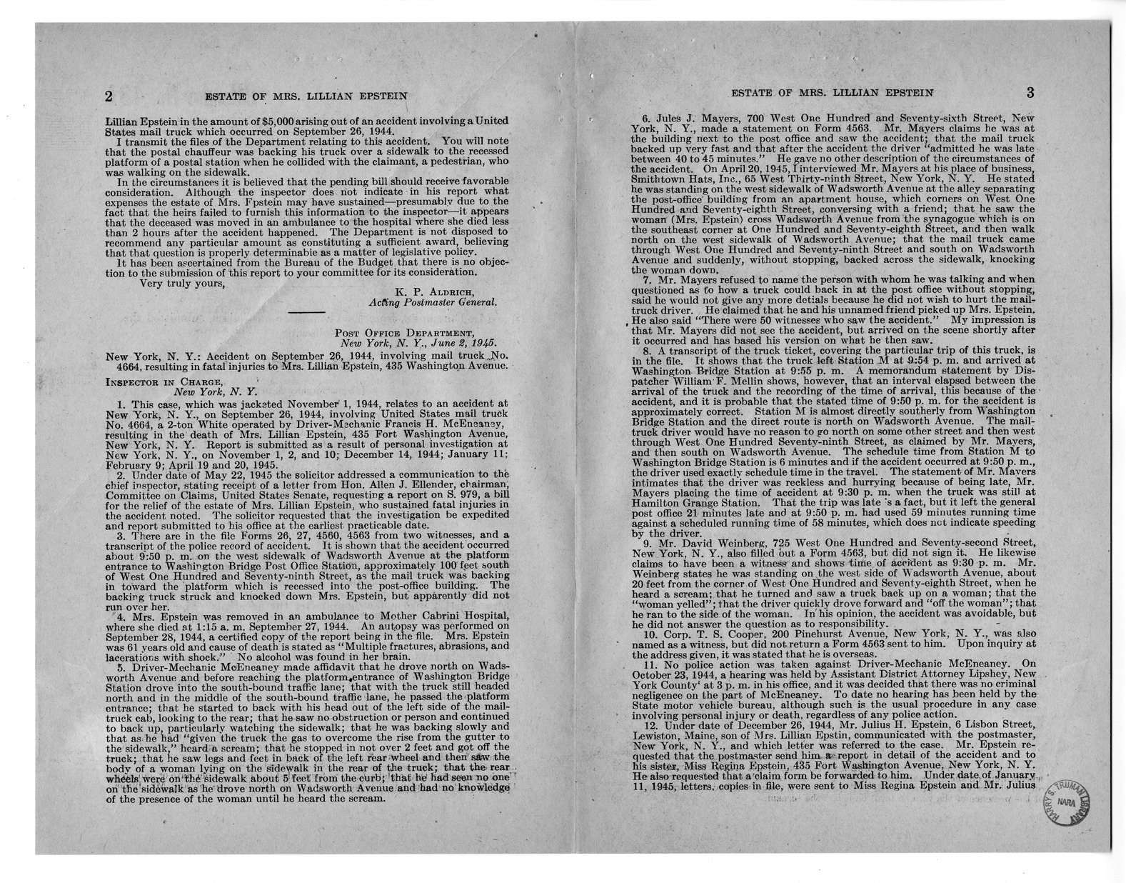 Memorandum from Frederick J. Bailey to M. C. Latta, S. 979, For the Relief of the Estate of Mrs. Lillian Epstein, with Attachments