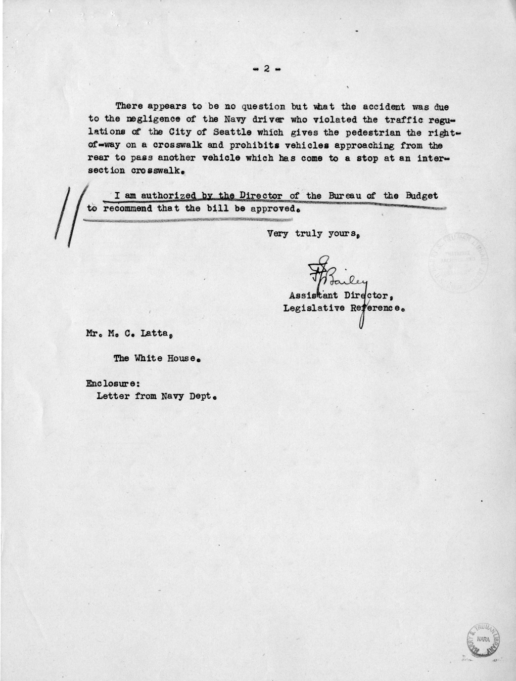 Memorandum from Frederick J. Bailey to M. C. Latta, S. 542, For the Relief of Mrs. Minnie A. Beltz, with Attachments