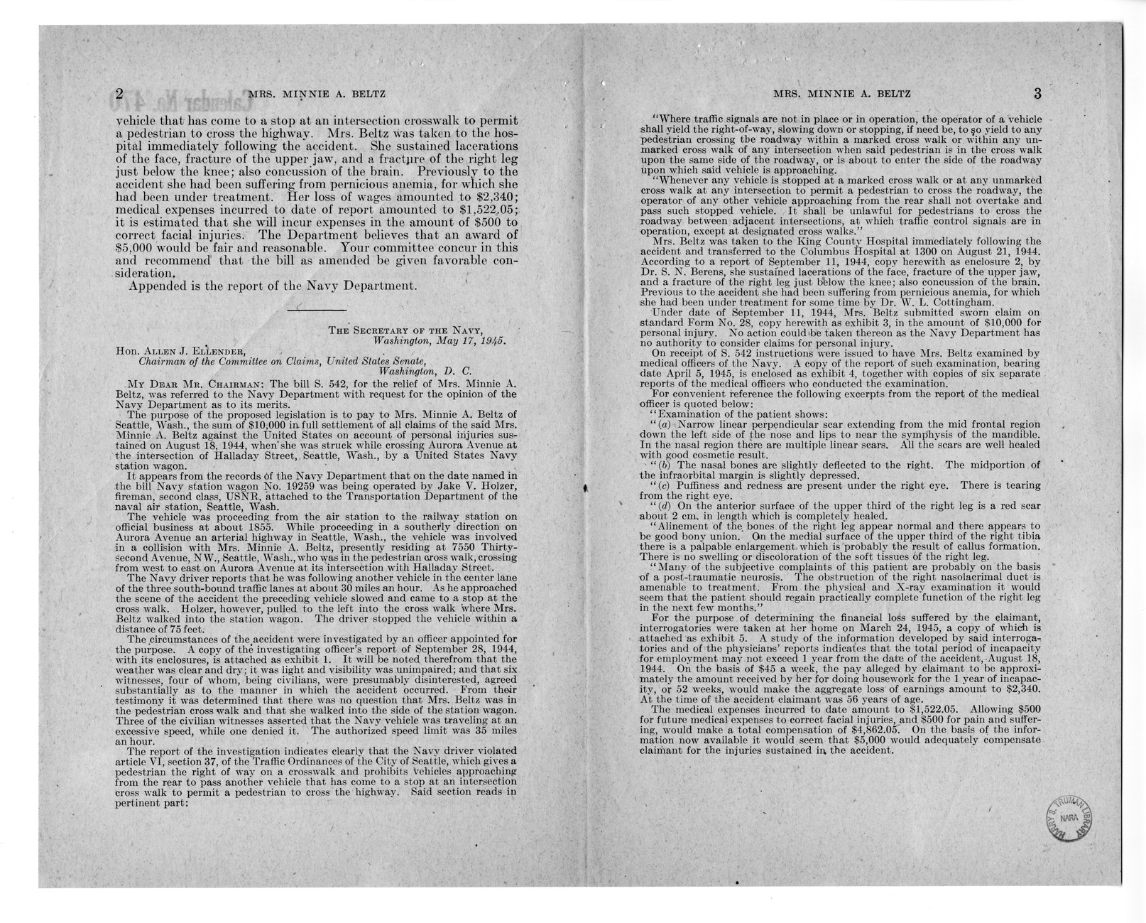 Memorandum from Frederick J. Bailey to M. C. Latta, S. 542, For the Relief of Mrs. Minnie A. Beltz, with Attachments