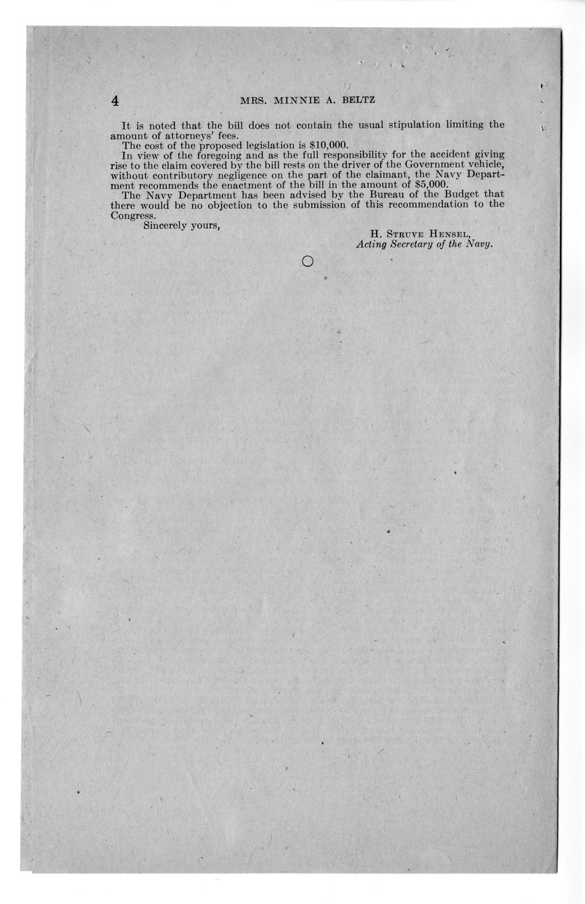 Memorandum from Frederick J. Bailey to M. C. Latta, S. 542, For the Relief of Mrs. Minnie A. Beltz, with Attachments