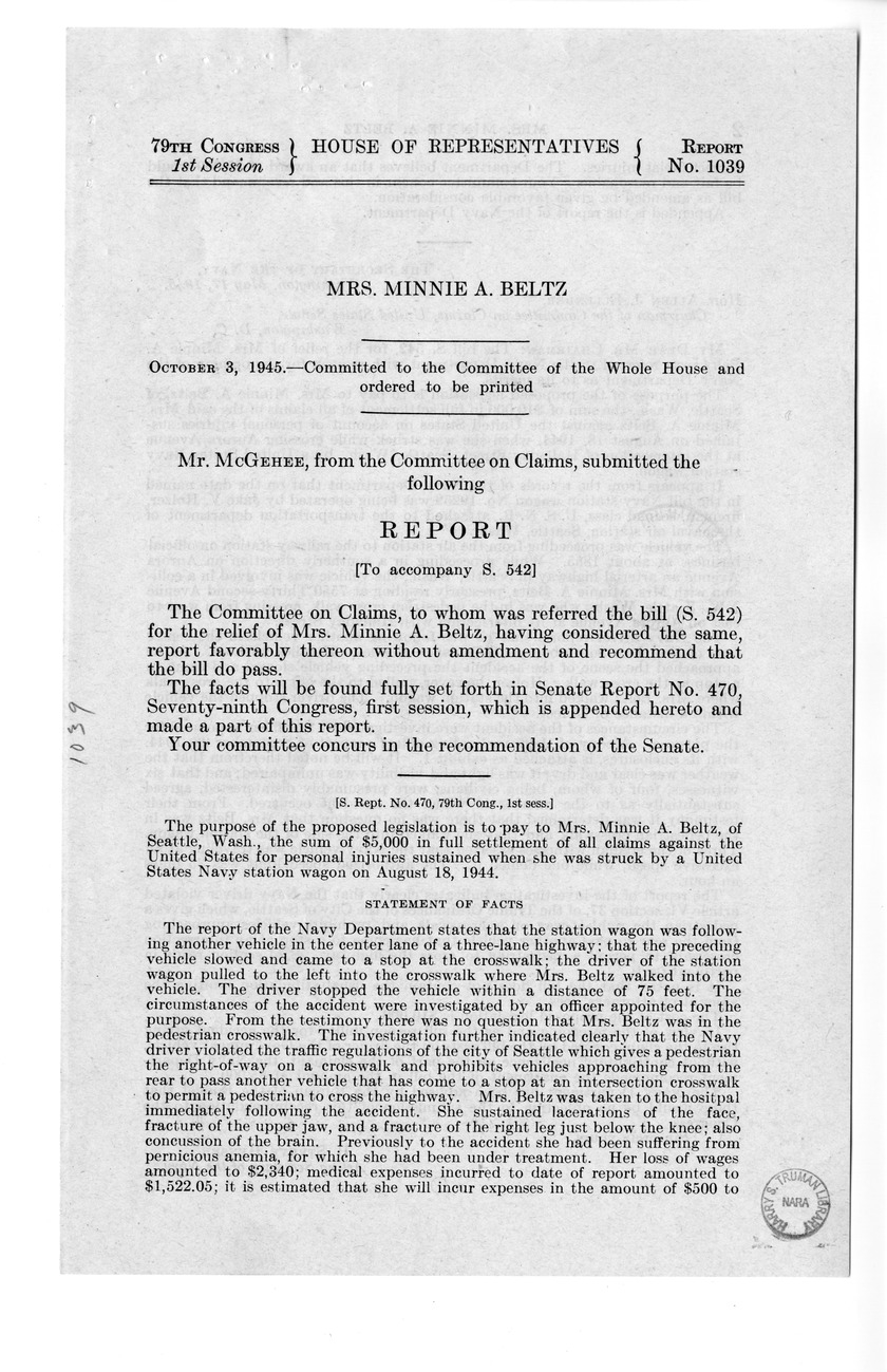 Memorandum from Frederick J. Bailey to M. C. Latta, S. 542, For the Relief of Mrs. Minnie A. Beltz, with Attachments