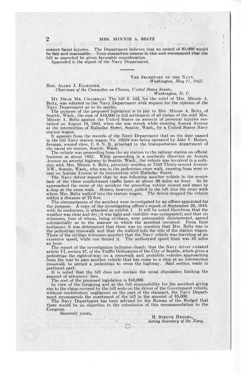 Memorandum from Frederick J. Bailey to M. C. Latta, S. 542, For the Relief of Mrs. Minnie A. Beltz, with Attachments