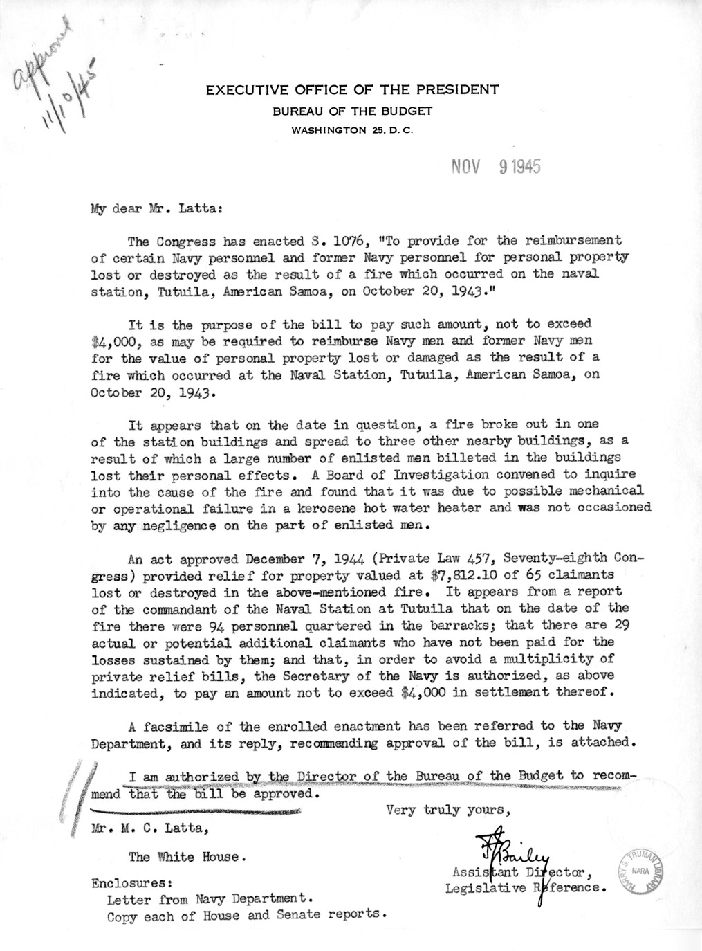 Memorandum from Frederick J. Bailey to M. C. Latta, S. 1076, To Provide For the the Reimbursement of Certain Navy Personnel and Former Navy Personnel for Personal Property Lost or Destroyed as the Result of a Fire Which Occurred on the Naval Station, Tutuila, American Samoa, with Attachments