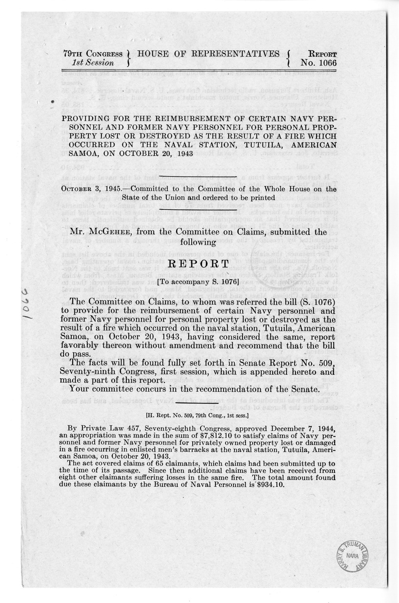 Memorandum from Frederick J. Bailey to M. C. Latta, S. 1076, To Provide For the the Reimbursement of Certain Navy Personnel and Former Navy Personnel for Personal Property Lost or Destroyed as the Result of a Fire Which Occurred on the Naval Station, Tutuila, American Samoa, with Attachments