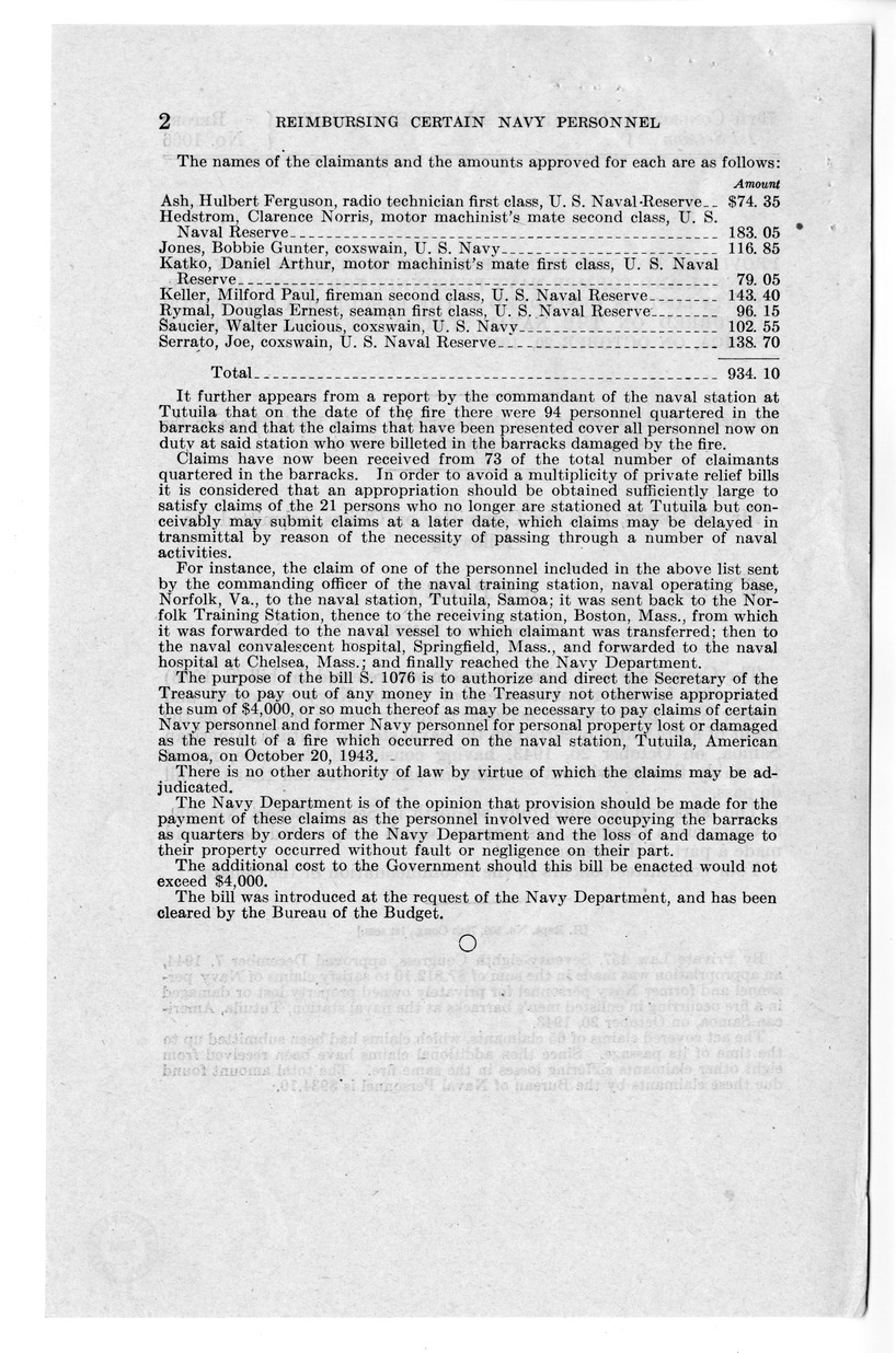 Memorandum from Frederick J. Bailey to M. C. Latta, S. 1076, To Provide For the the Reimbursement of Certain Navy Personnel and Former Navy Personnel for Personal Property Lost or Destroyed as the Result of a Fire Which Occurred on the Naval Station, Tutuila, American Samoa, with Attachments