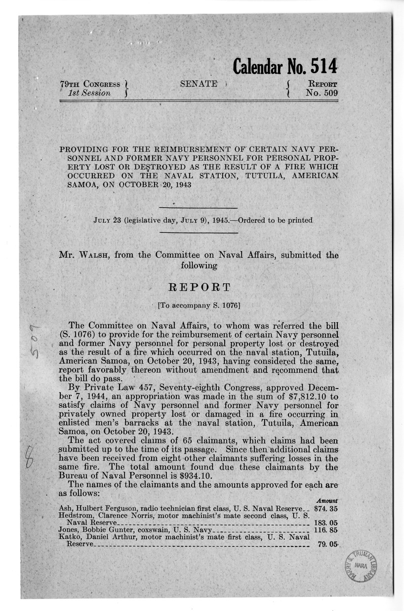 Memorandum from Frederick J. Bailey to M. C. Latta, S. 1076, To Provide For the the Reimbursement of Certain Navy Personnel and Former Navy Personnel for Personal Property Lost or Destroyed as the Result of a Fire Which Occurred on the Naval Station, Tutuila, American Samoa, with Attachments