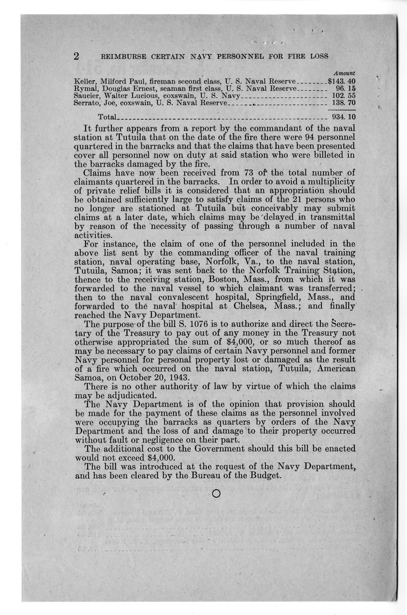 Memorandum from Frederick J. Bailey to M. C. Latta, S. 1076, To Provide For the the Reimbursement of Certain Navy Personnel and Former Navy Personnel for Personal Property Lost or Destroyed as the Result of a Fire Which Occurred on the Naval Station, Tutuila, American Samoa, with Attachments