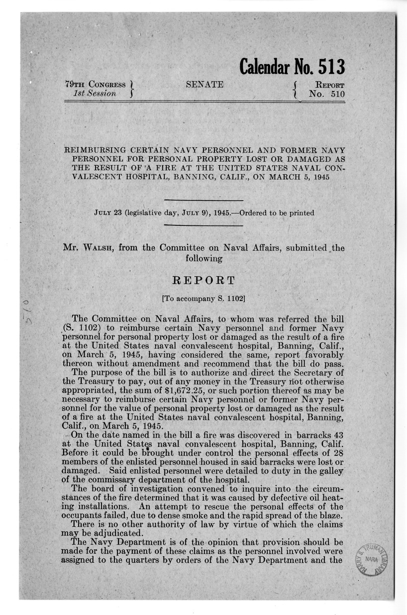 Memorandum from Frederick J. Bailey to M. C. Latta, S. 1102, To Reimburse Certain Navy Personnel and Former Navy Personnel for Personal Property Lost or Damaged as the Result of a Fire at the United States Naval Convalescent Hospital, Banning, California, on March 5, 1945, with Attachments