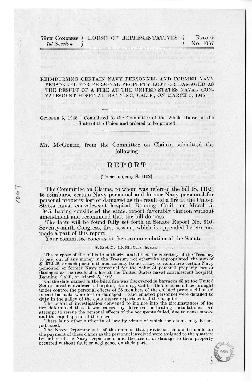 Memorandum from Frederick J. Bailey to M. C. Latta, S. 1102, To Reimburse Certain Navy Personnel and Former Navy Personnel for Personal Property Lost or Damaged as the Result of a Fire at the United States Naval Convalescent Hospital, Banning, California, on March 5, 1945, with Attachments