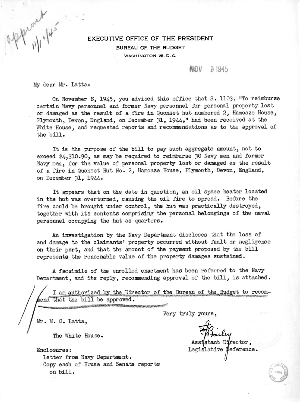 Memorandum from Frederick J. Bailey to M. C. Latta, S. 1103, To Reimburse Certain Navy Personnel and Former Navy Personnel for Personal Property Lost or Damaged as a Result of a Fire in Quonset Hut Numbered 2, Hamoaze House, Plymouth, Devon, England, on December 31, 1944, with Attachments