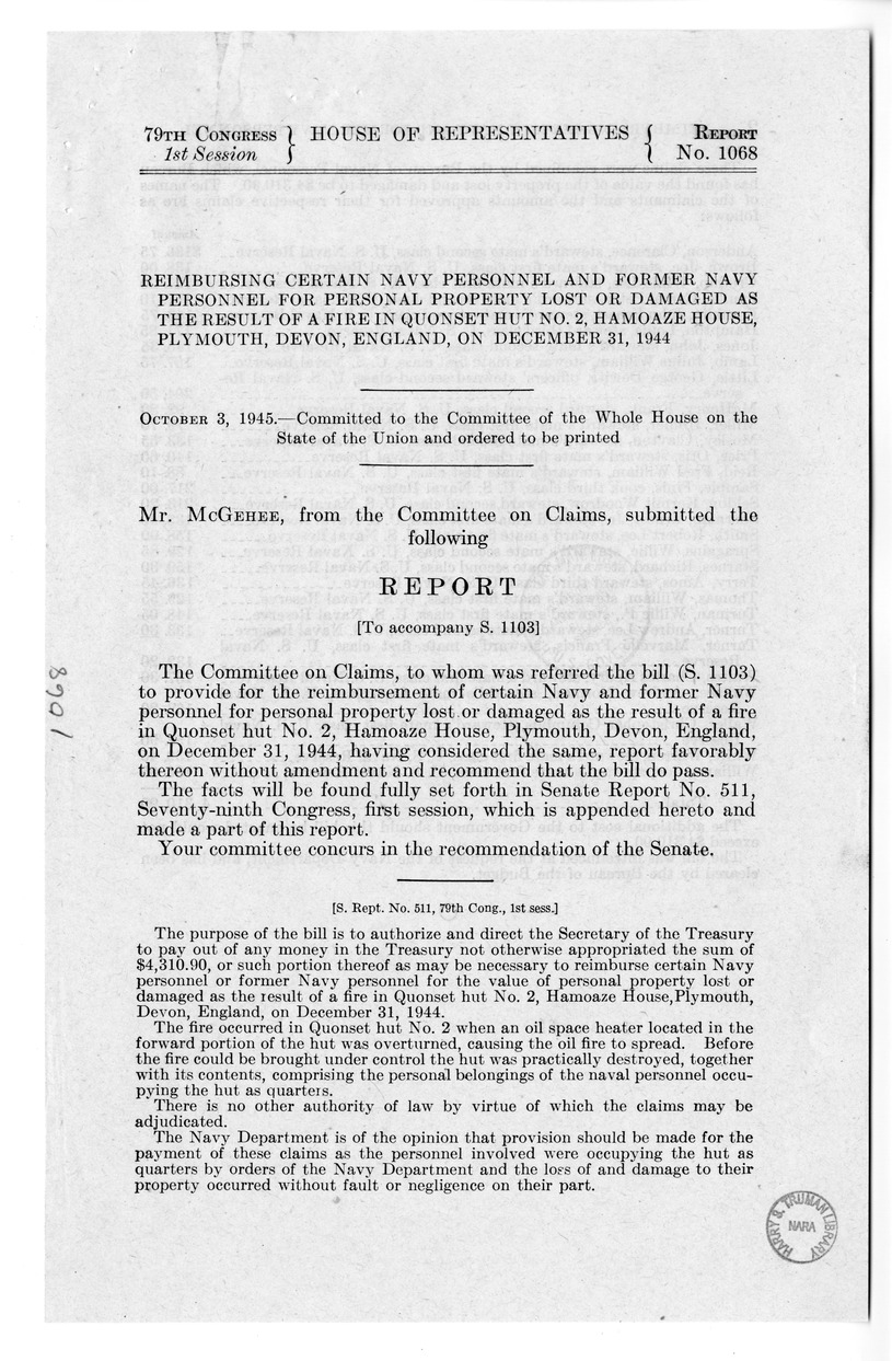 Memorandum from Frederick J. Bailey to M. C. Latta, S. 1103, To Reimburse Certain Navy Personnel and Former Navy Personnel for Personal Property Lost or Damaged as a Result of a Fire in Quonset Hut Numbered 2, Hamoaze House, Plymouth, Devon, England, on December 31, 1944, with Attachments