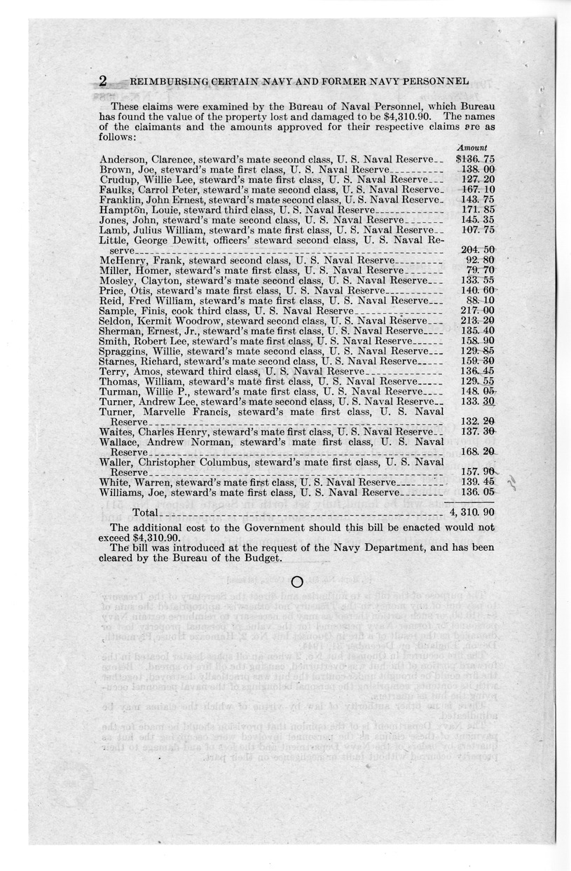 Memorandum from Frederick J. Bailey to M. C. Latta, S. 1103, To Reimburse Certain Navy Personnel and Former Navy Personnel for Personal Property Lost or Damaged as a Result of a Fire in Quonset Hut Numbered 2, Hamoaze House, Plymouth, Devon, England, on December 31, 1944, with Attachments