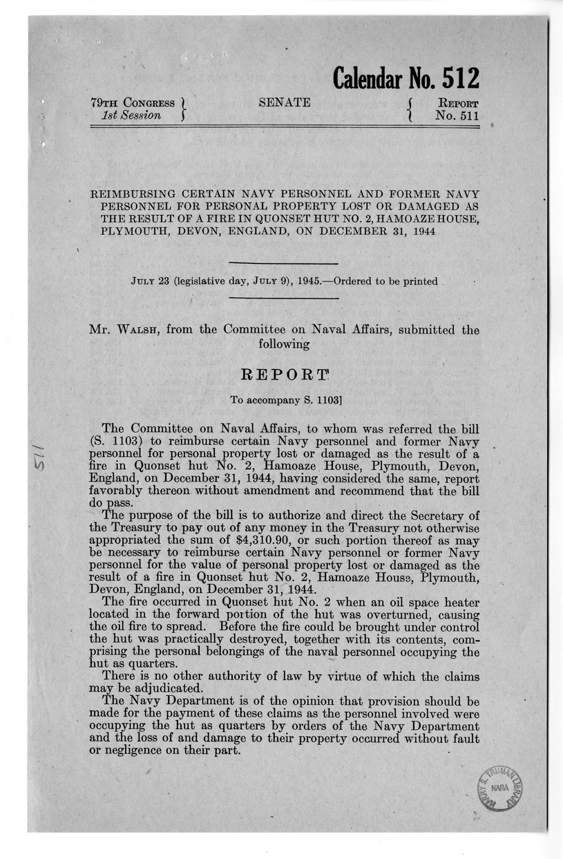 Memorandum from Frederick J. Bailey to M. C. Latta, S. 1103, To Reimburse Certain Navy Personnel and Former Navy Personnel for Personal Property Lost or Damaged as a Result of a Fire in Quonset Hut Numbered 2, Hamoaze House, Plymouth, Devon, England, on December 31, 1944, with Attachments