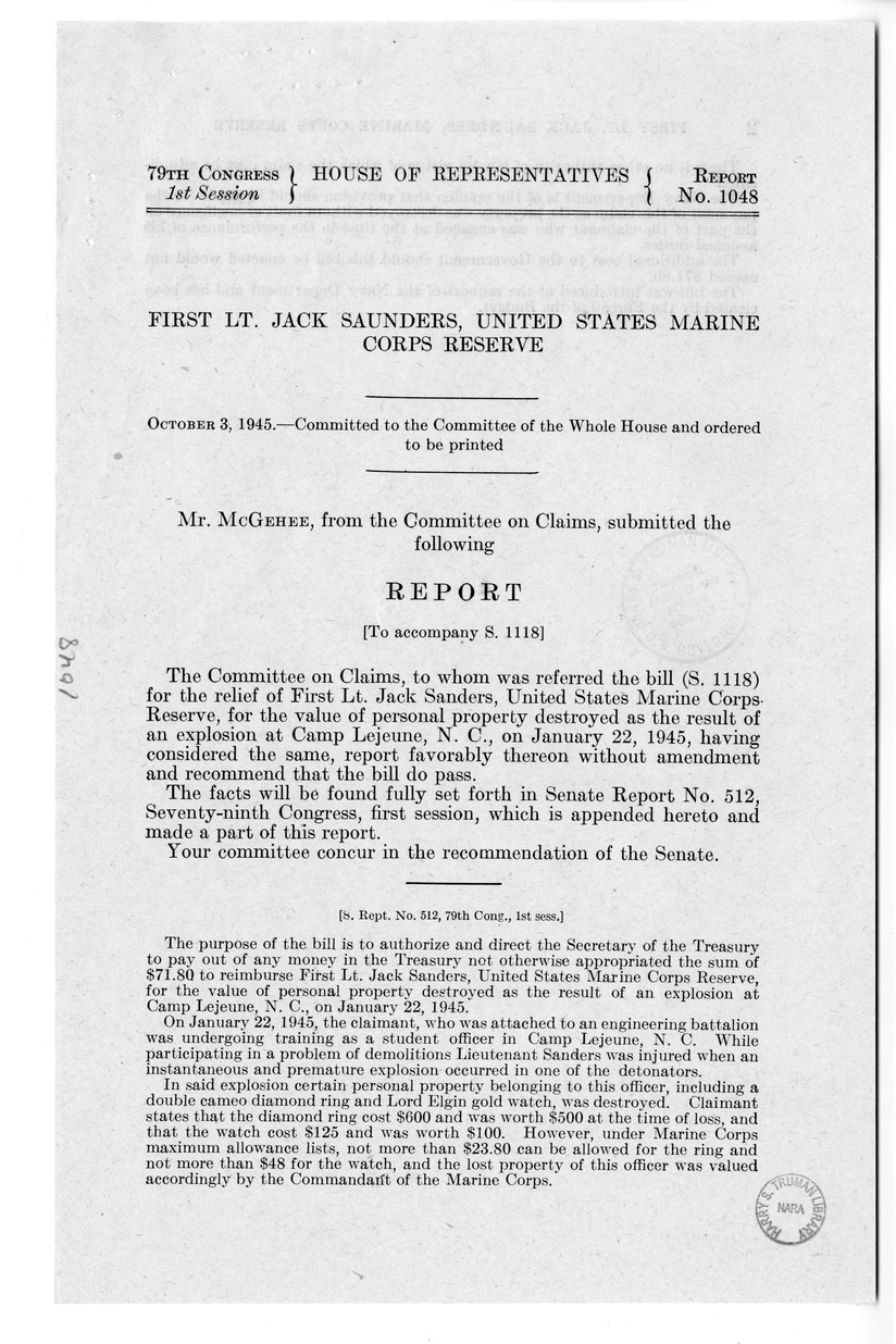 Memorandum from Frederick J. Bailey to M. C. Latta, S. 1118, For the Relief of First Lieutenant Jack Sanders, with Attachments