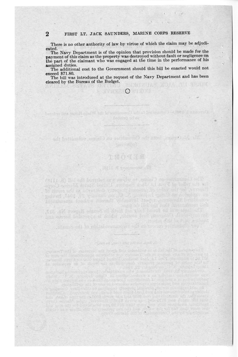 Memorandum from Frederick J. Bailey to M. C. Latta, S. 1118, For the Relief of First Lieutenant Jack Sanders, with Attachments