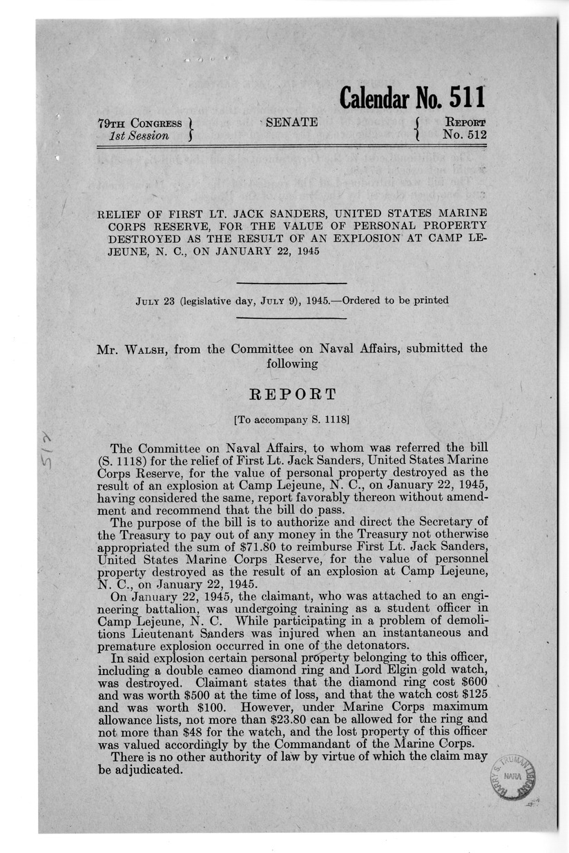 Memorandum from Frederick J. Bailey to M. C. Latta, S. 1118, For the Relief of First Lieutenant Jack Sanders, with Attachments