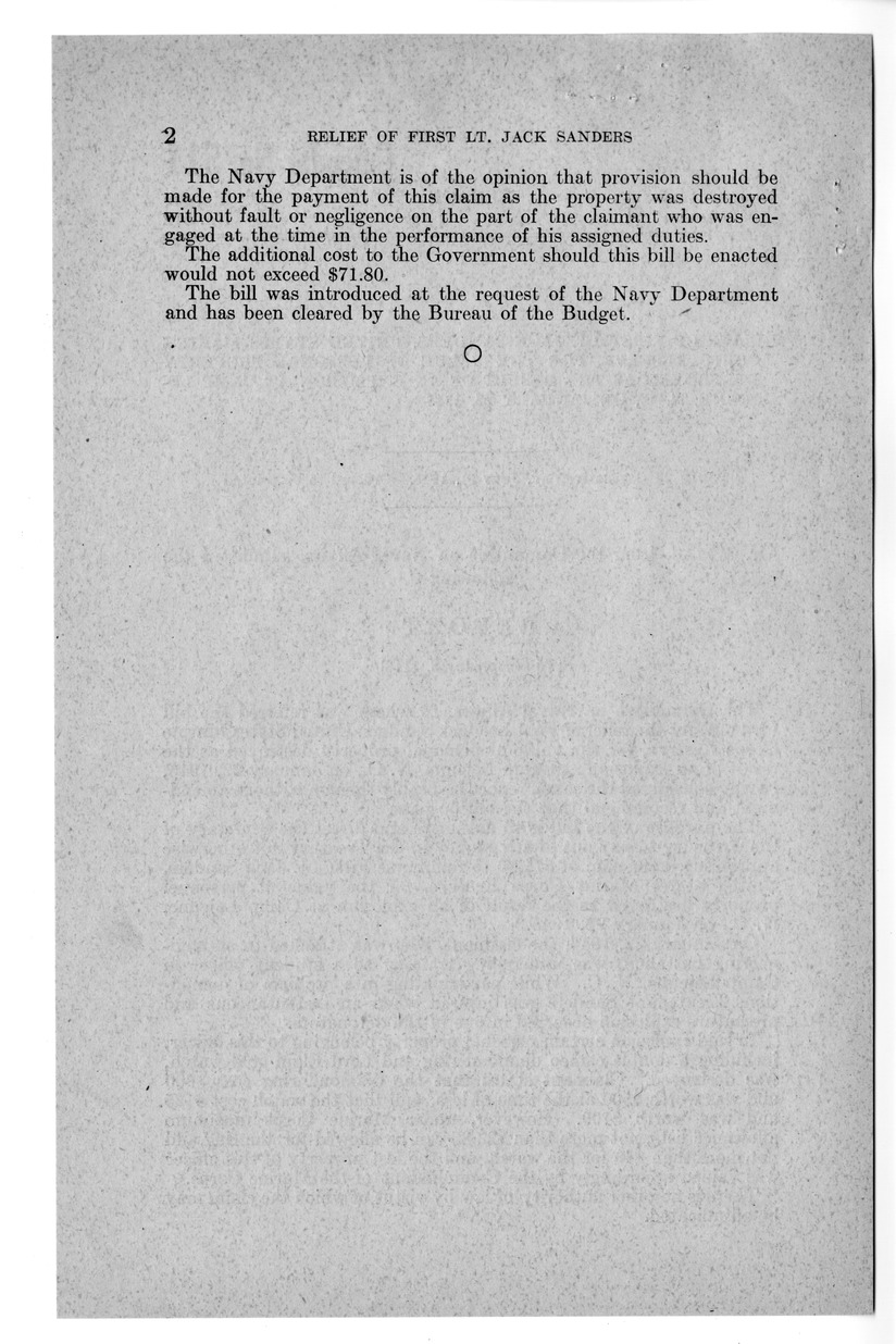 Memorandum from Frederick J. Bailey to M. C. Latta, S. 1118, For the Relief of First Lieutenant Jack Sanders, with Attachments