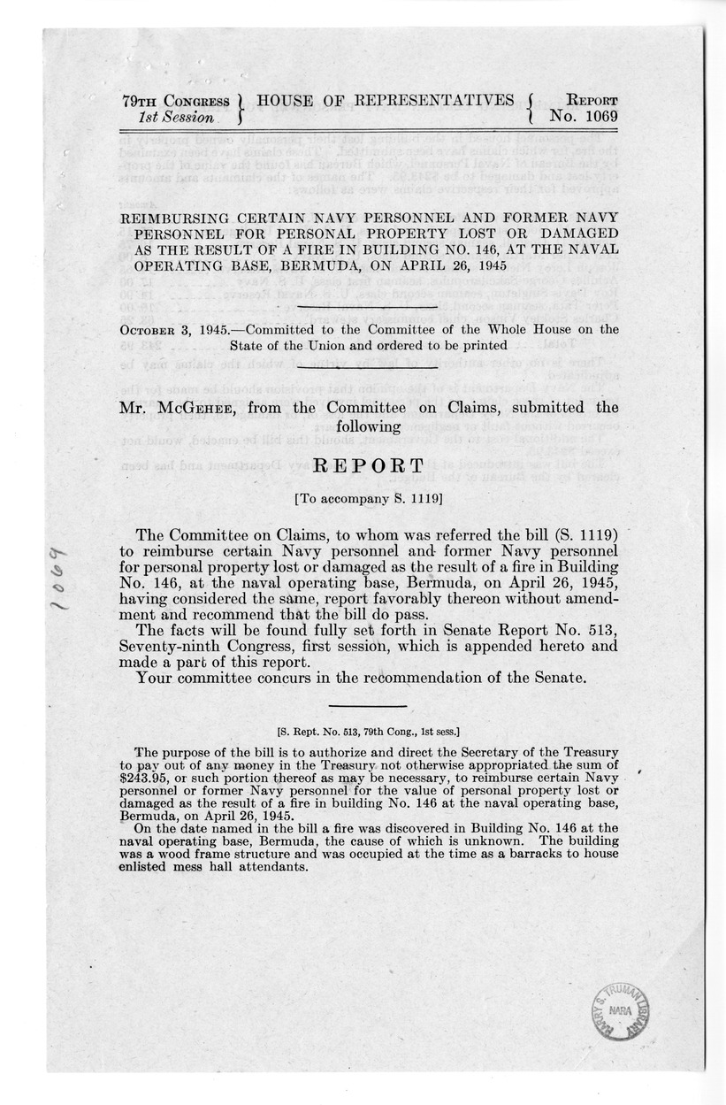 Memorandum from Frederick J. Bailey to M. C. Latta, S. 1119, To Reimburse Certain Navy Personnel and Former Navy Personnel for Personal Property Lost or Damaged as the Result of a Fire in Building Numbered 146 at the Naval Operating Base, Bermuda, on April 26, 1945, with Attachments