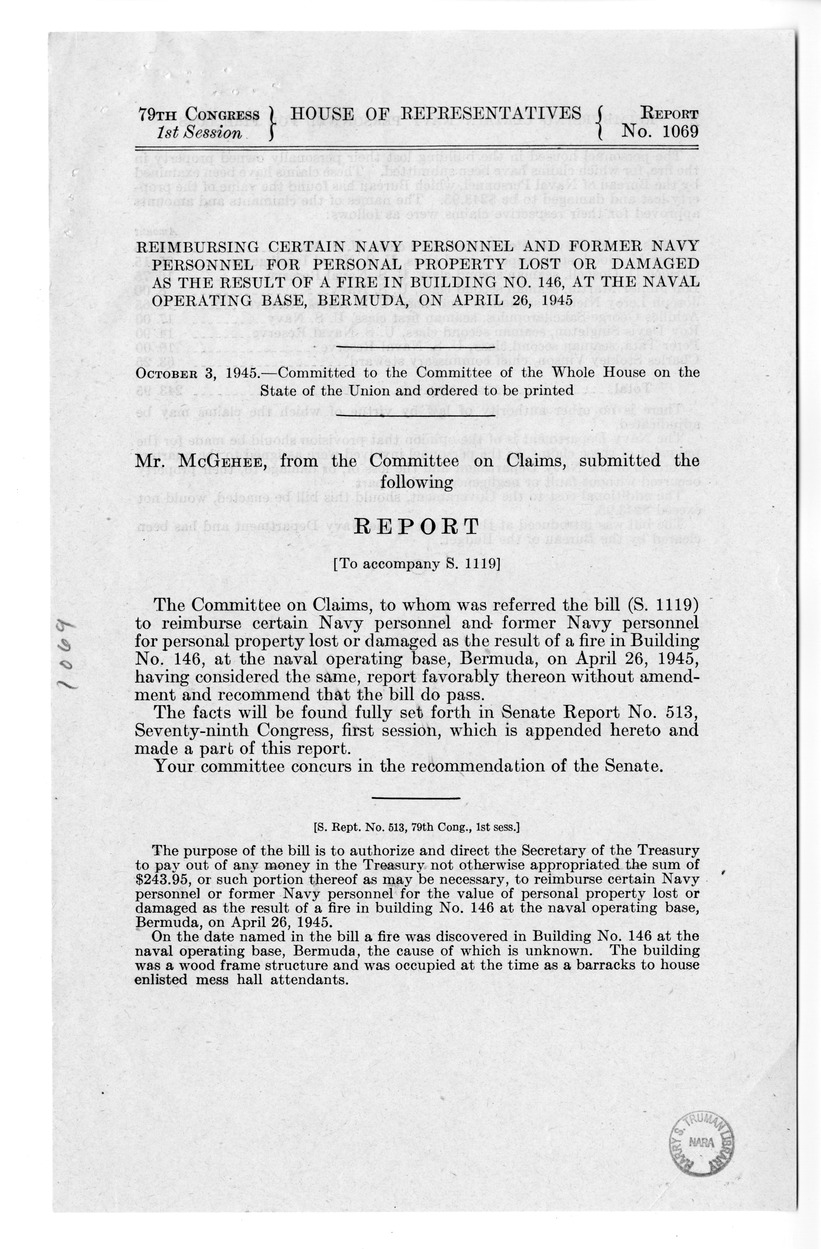 Memorandum from Frederick J. Bailey to M. C. Latta, S. 1119, To Reimburse Certain Navy Personnel and Former Navy Personnel for Personal Property Lost or Damaged as the Result of a Fire in Building Numbered 146 at the Naval Operating Base, Bermuda, on April 26, 1945, with Attachments