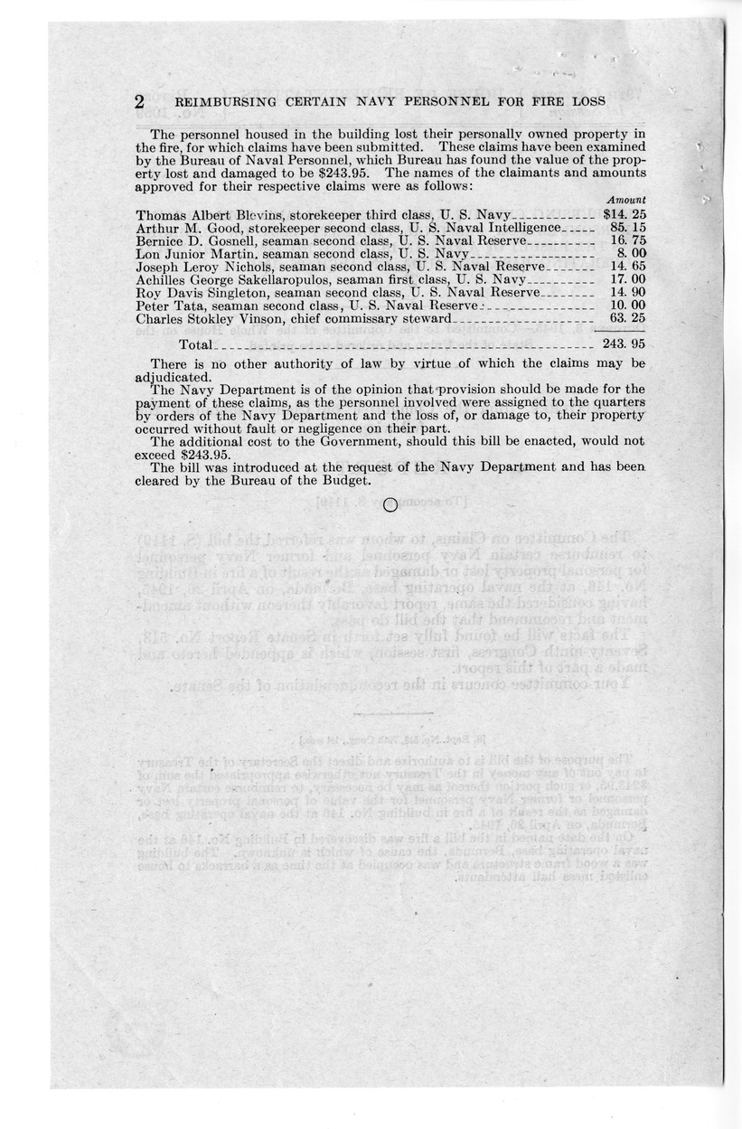 Memorandum from Frederick J. Bailey to M. C. Latta, S. 1119, To Reimburse Certain Navy Personnel and Former Navy Personnel for Personal Property Lost or Damaged as the Result of a Fire in Building Numbered 146 at the Naval Operating Base, Bermuda, on April 26, 1945, with Attachments