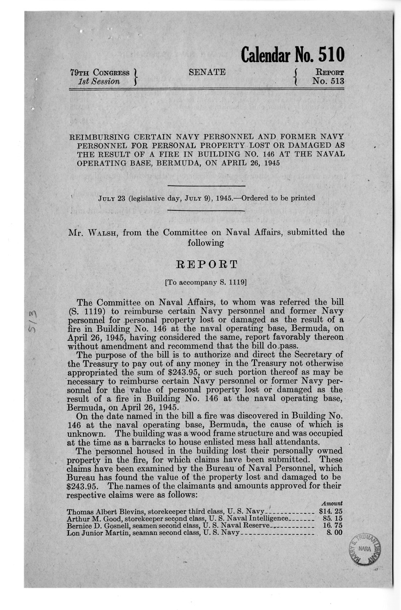 Memorandum from Frederick J. Bailey to M. C. Latta, S. 1119, To Reimburse Certain Navy Personnel and Former Navy Personnel for Personal Property Lost or Damaged as the Result of a Fire in Building Numbered 146 at the Naval Operating Base, Bermuda, on April 26, 1945, with Attachments