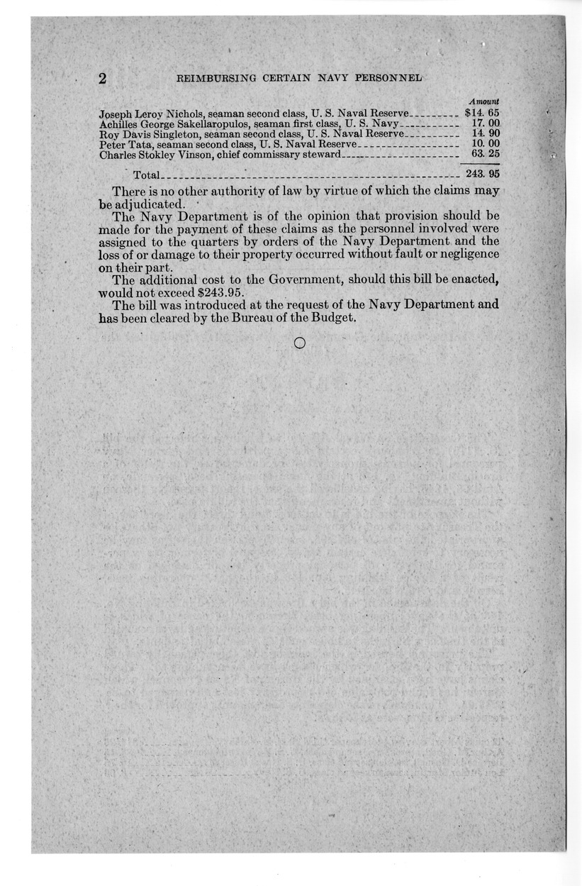 Memorandum from Frederick J. Bailey to M. C. Latta, S. 1119, To Reimburse Certain Navy Personnel and Former Navy Personnel for Personal Property Lost or Damaged as the Result of a Fire in Building Numbered 146 at the Naval Operating Base, Bermuda, on April 26, 1945, with Attachments