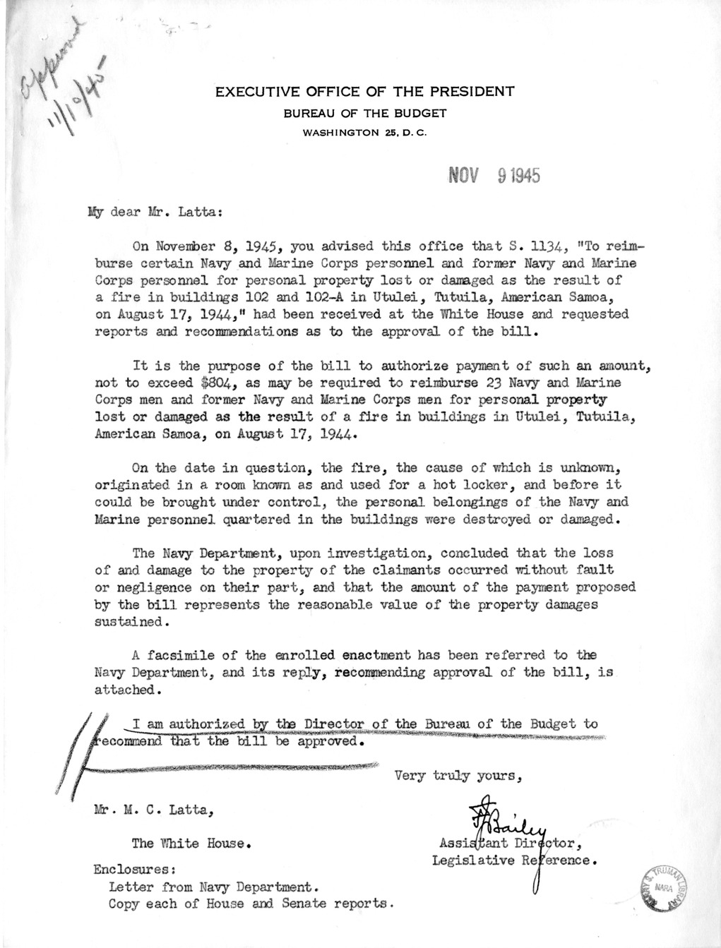 Memorandum from Frederick J. Bailey to M. C. Latta, S. 1134, To Reimburse Certain Navy and Marine Corps Personnel and Former Navy and Marine Corps Personnel for Personal Property Lost or Damaged as the Result of a Fire in Buildings 102 and 102-A in Utulei, Tutuila, American Samoa, with Attachments