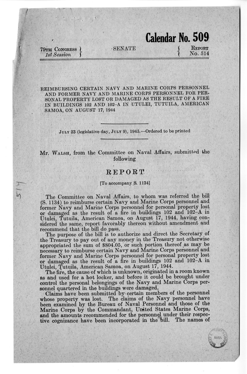 Memorandum from Frederick J. Bailey to M. C. Latta, S. 1134, To Reimburse Certain Navy and Marine Corps Personnel and Former Navy and Marine Corps Personnel for Personal Property Lost or Damaged as the Result of a Fire in Buildings 102 and 102-A in Utulei, Tutuila, American Samoa, with Attachments