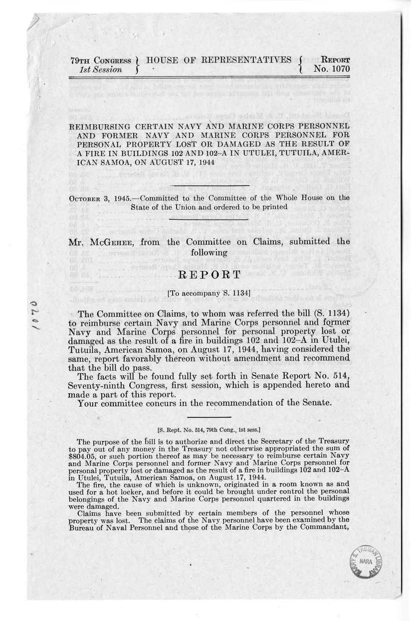 Memorandum from Frederick J. Bailey to M. C. Latta, S. 1134, To Reimburse Certain Navy and Marine Corps Personnel and Former Navy and Marine Corps Personnel for Personal Property Lost or Damaged as the Result of a Fire in Buildings 102 and 102-A in Utulei, Tutuila, American Samoa, with Attachments