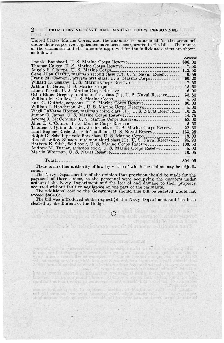 Memorandum from Frederick J. Bailey to M. C. Latta, S. 1134, To Reimburse Certain Navy and Marine Corps Personnel and Former Navy and Marine Corps Personnel for Personal Property Lost or Damaged as the Result of a Fire in Buildings 102 and 102-A in Utulei, Tutuila, American Samoa, with Attachments