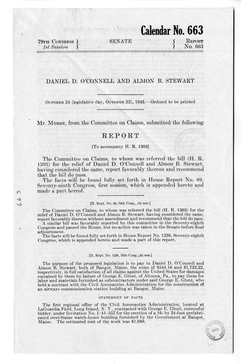 Memorandum from Harold D. Smith to M. C. Latta, H.R. 1303, For the Relief of Daniel D. O'Connell and Almon B. Stewart, with Attachments