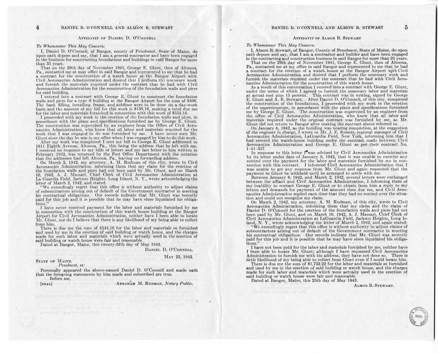 Memorandum from Harold D. Smith to M. C. Latta, H.R. 1303, For the Relief of Daniel D. O'Connell and Almon B. Stewart, with Attachments