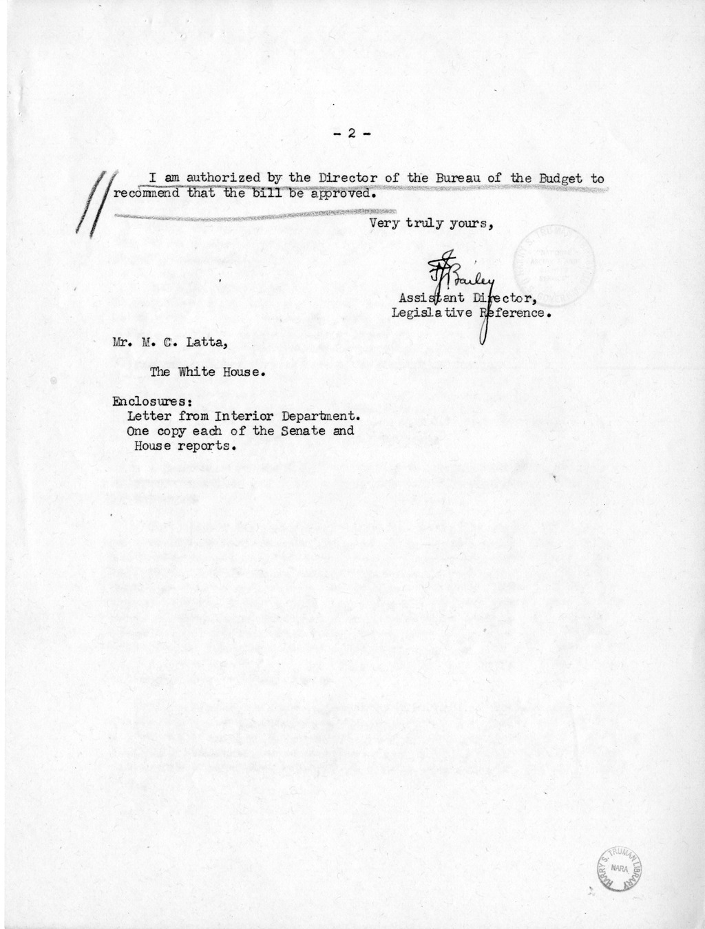 Memorandum from Frederick J. Bailey to M. C. Latta, S. 131, To Authorize the Conveyance of the United States Fish Hatchery Property at Butte Falls, Oregon, to the State of Oregon, with Attachments