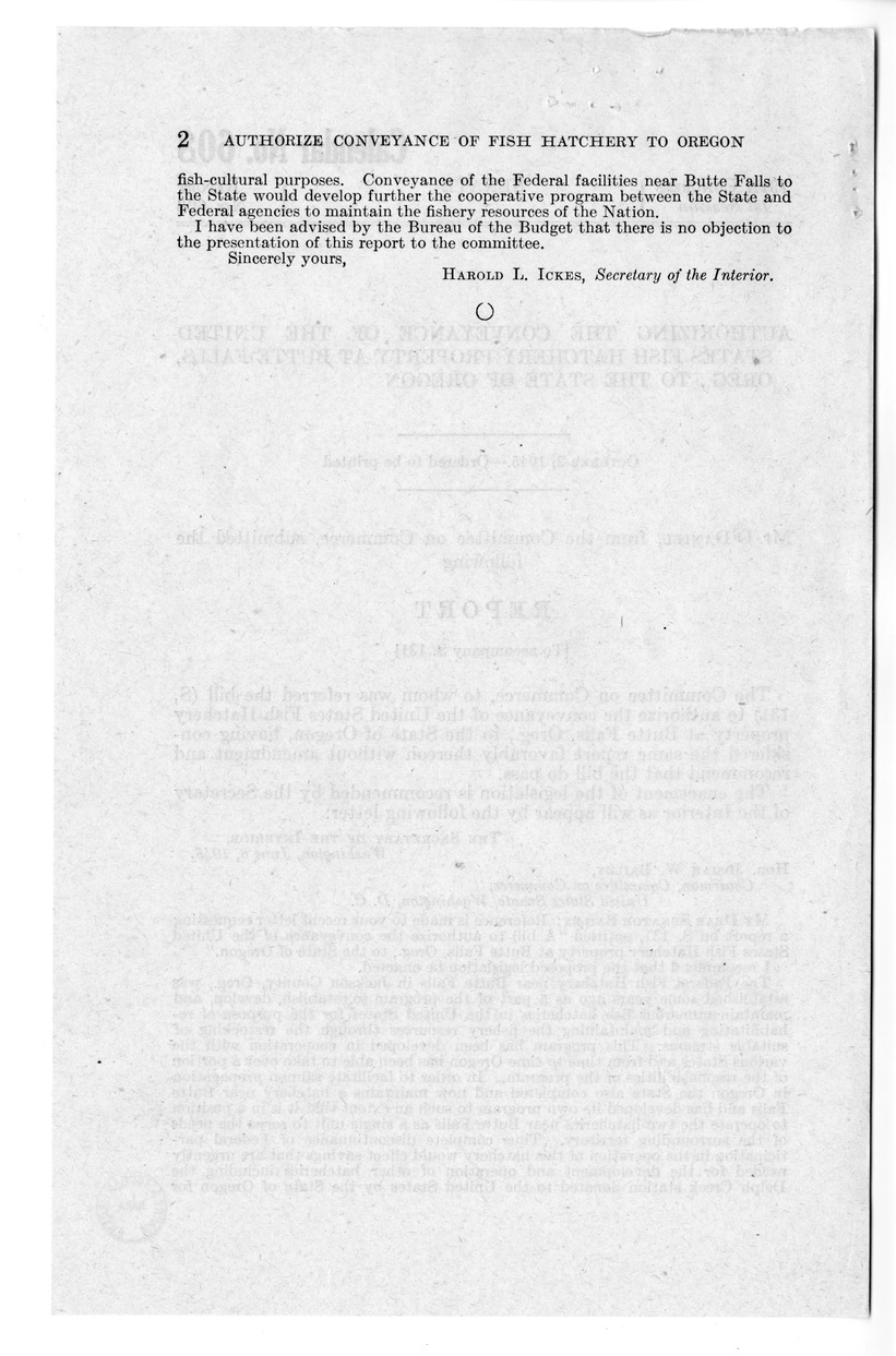 Memorandum from Frederick J. Bailey to M. C. Latta, S. 131, To Authorize the Conveyance of the United States Fish Hatchery Property at Butte Falls, Oregon, to the State of Oregon, with Attachments