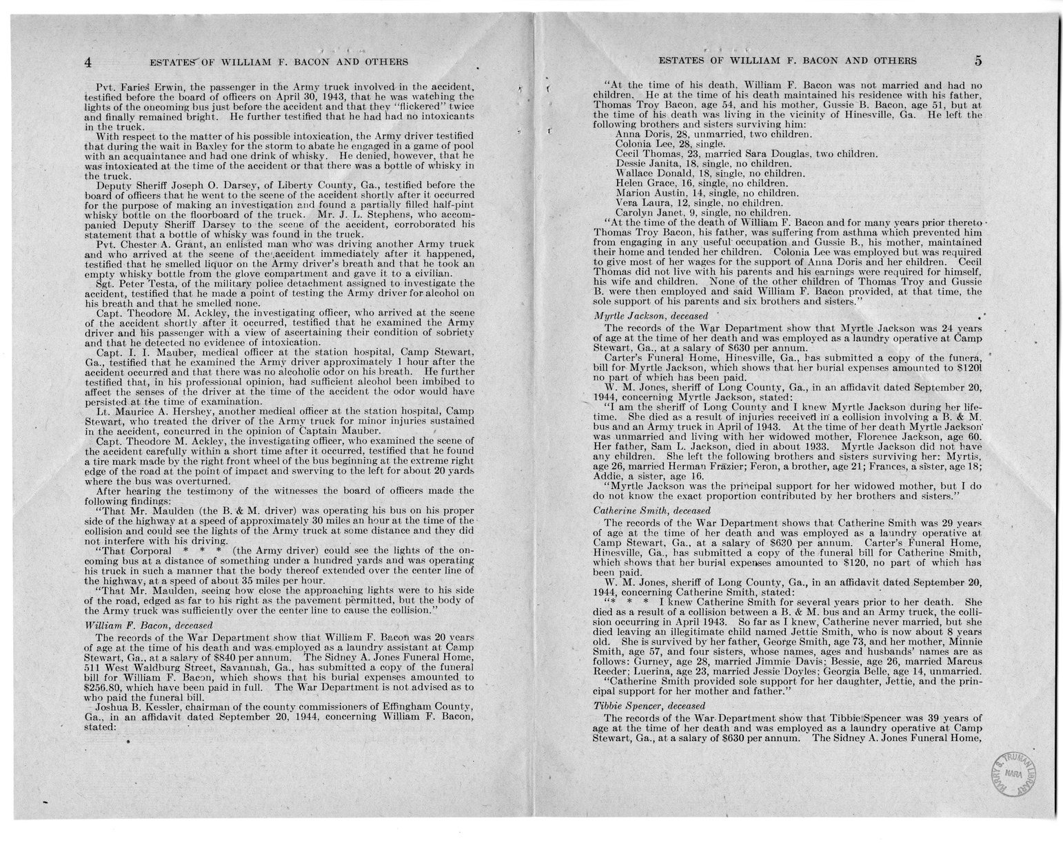 Memorandum from Frederick J. Bailey to M. C. Latta, S. 201, For the Relief of the Estates of William F. Bacon, Myrtle Jackson, Catherine Smith, and Tibbie Spencer, with Attachments