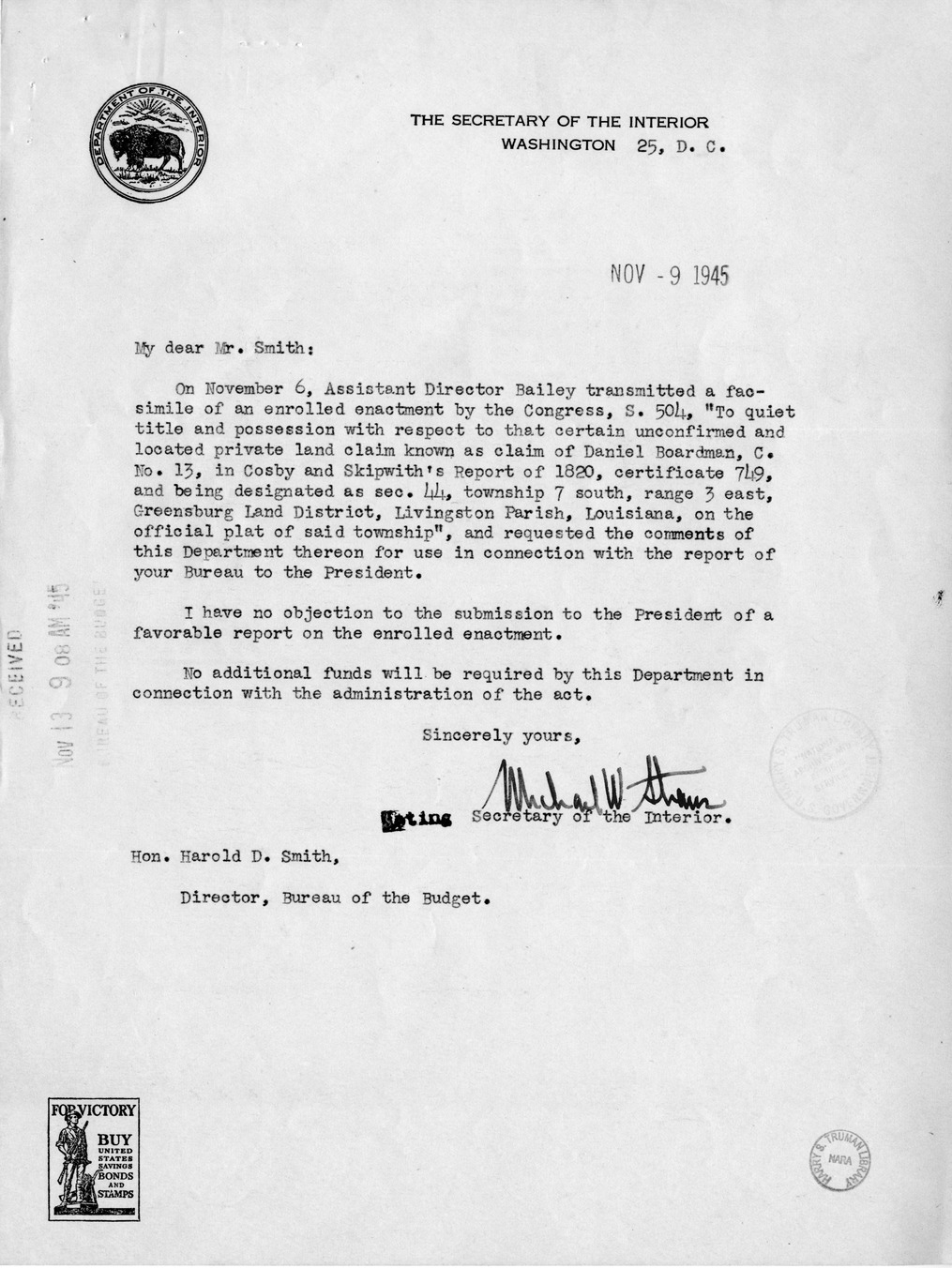 Memorandum from Frederick J. Bailey to M. C. Latta, S. 504, To Quiet Title and Possession with Respect to That Certain Unconfirmed and Located Private Land Claim Known as Claim of Daniel Boardman, C. No. 13, in Cosby and Skipwith's Report of 1820, Certificate 749, and Being Designated as Section 44, Township 7 South, Range 3 East, Greensburg land District, Livingston Parish, Louisiana, on the Official Plat of Said Township, with Attachments