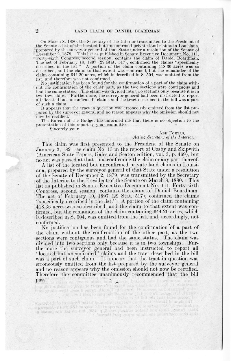 Memorandum from Frederick J. Bailey to M. C. Latta, S. 504, To Quiet Title and Possession with Respect to That Certain Unconfirmed and Located Private Land Claim Known as Claim of Daniel Boardman, C. No. 13, in Cosby and Skipwith's Report of 1820, Certificate 749, and Being Designated as Section 44, Township 7 South, Range 3 East, Greensburg land District, Livingston Parish, Louisiana, on the Official Plat of Said Township, with Attachments