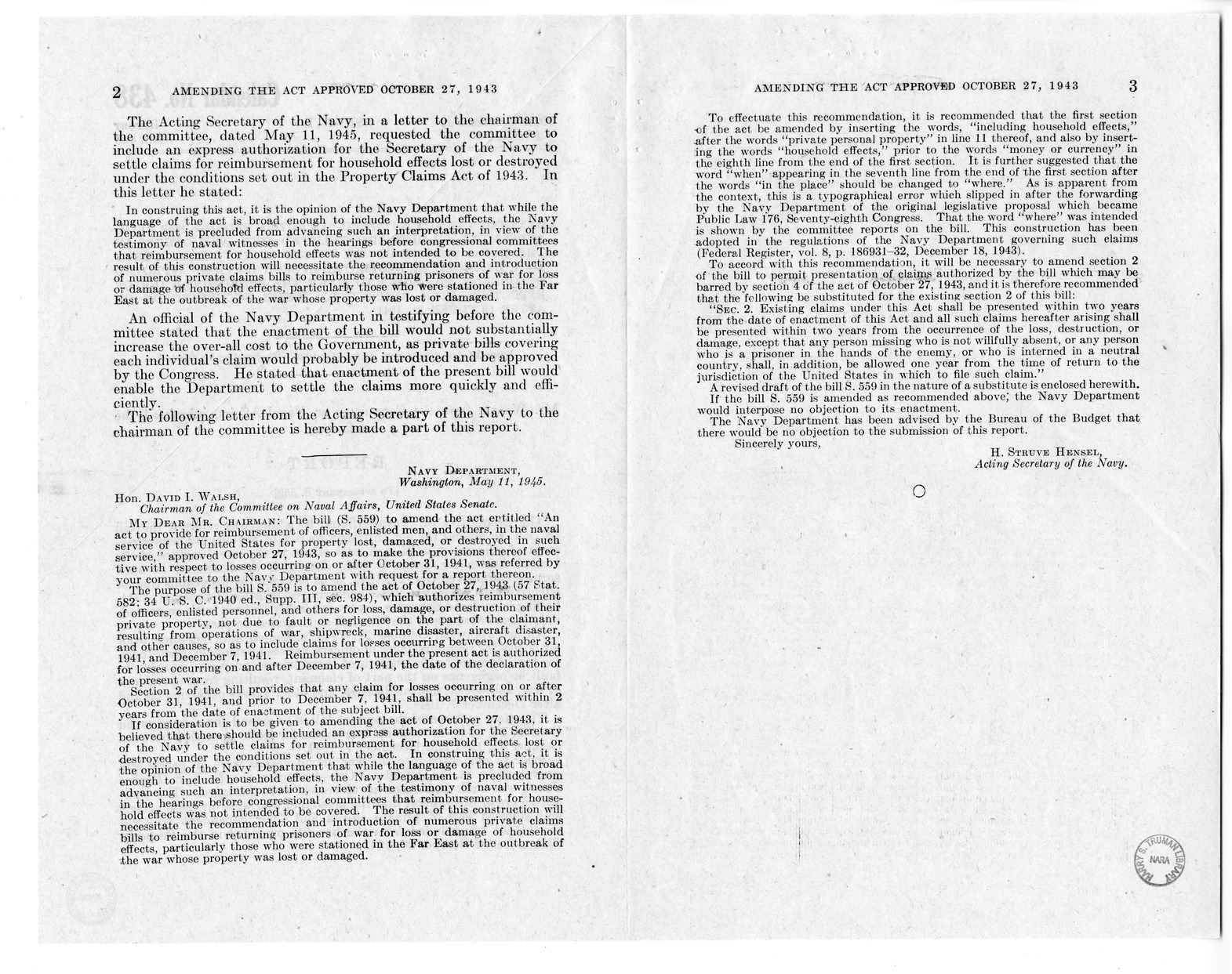 Memorandum from Frederick J. Bailey to M. C. Latta, S. 559, To Amend An Act to Provide for Reimbursement of Officers, Enlisted Men, and Others in the Naval Service of the United States for Property Lost, Damaged, or Destroyed in Such Service, with Attachments