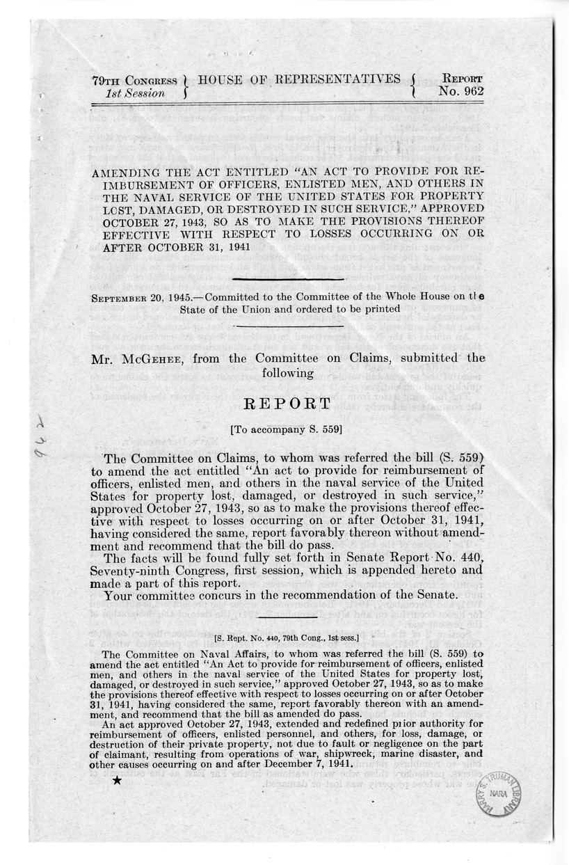 Memorandum from Frederick J. Bailey to M. C. Latta, S. 559, To Amend An Act to Provide for Reimbursement of Officers, Enlisted Men, and Others in the Naval Service of the United States for Property Lost, Damaged, or Destroyed in Such Service, with Attachments