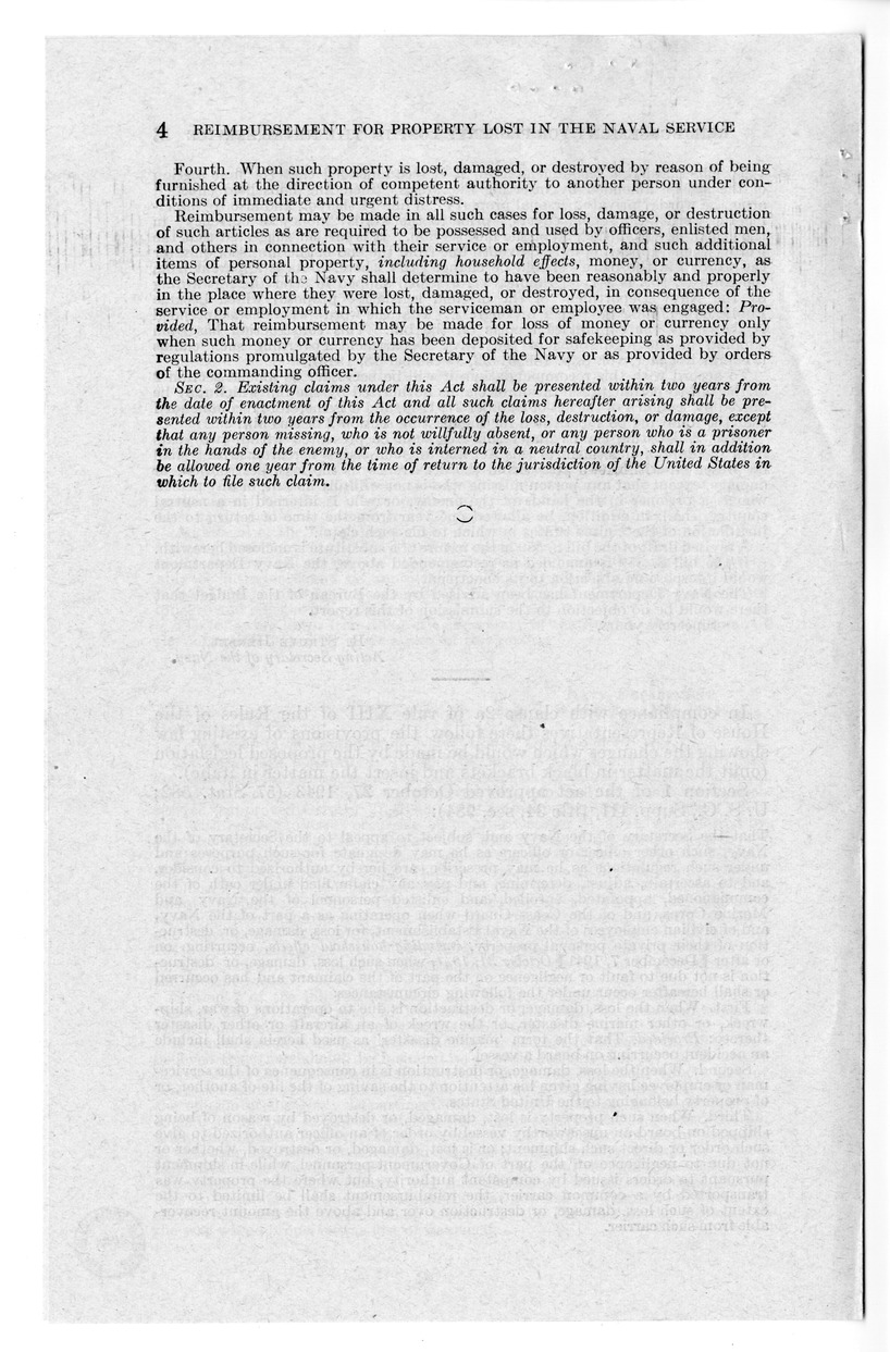 Memorandum from Frederick J. Bailey to M. C. Latta, S. 559, To Amend An Act to Provide for Reimbursement of Officers, Enlisted Men, and Others in the Naval Service of the United States for Property Lost, Damaged, or Destroyed in Such Service, with Attachments
