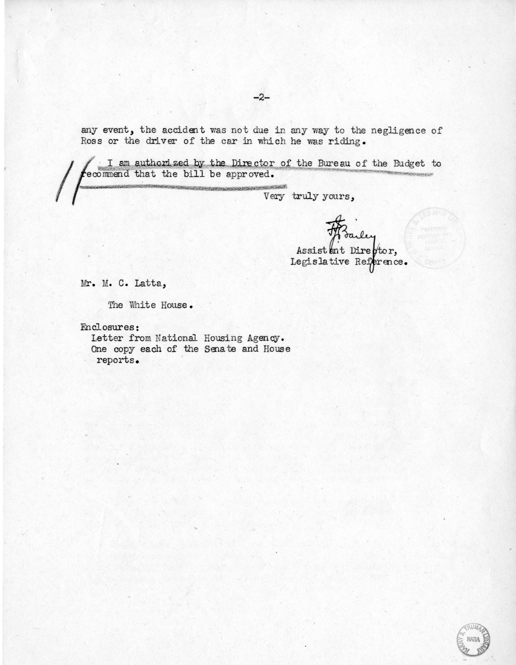 Memorandum from Frederick J. Bailey to M. C. Latta, S. 788, For the Relief of the Estate of George J. Ross, with Attachments