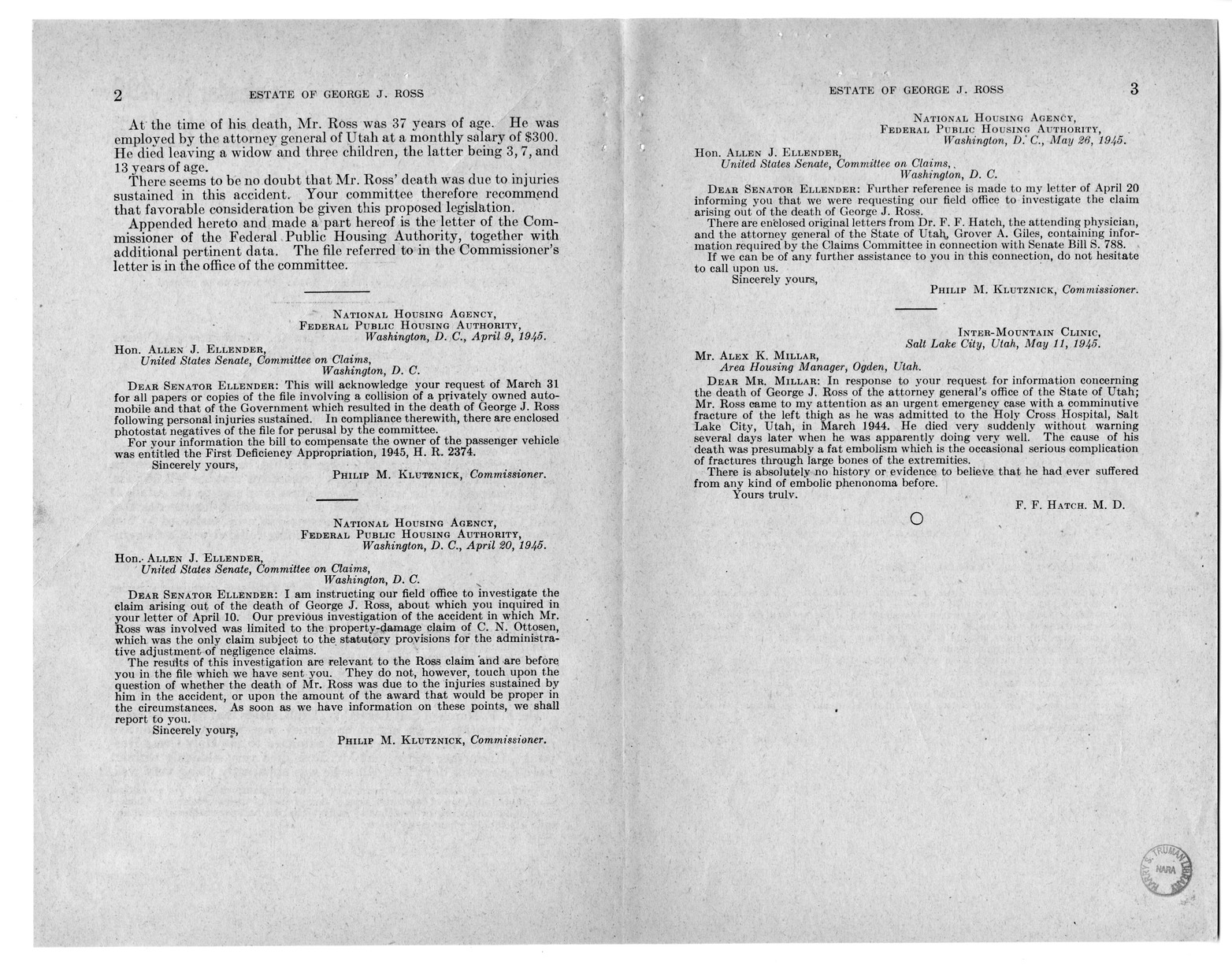 Memorandum from Frederick J. Bailey to M. C. Latta, S. 788, For the Relief of the Estate of George J. Ross, with Attachments