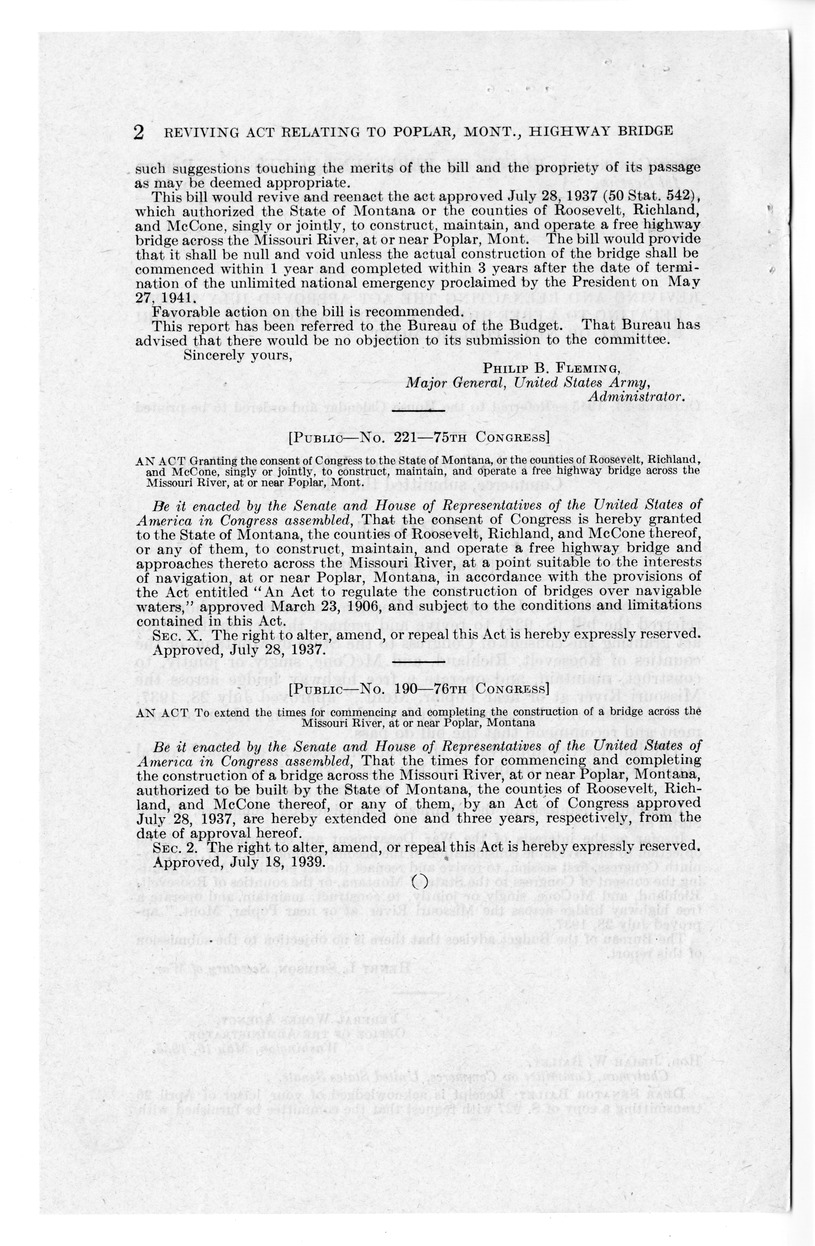 Memorandum from Frederick J. Bailey to M. C. Latta, S. 927, To Revive and Reenact An Act Granting the Consent of Congress to the State of Montana, or the Counties of Roosevelt, Richland, and McCone, Singly or Jointly, to Construct, Maintain, and Operate a Free Highway Bridge Across the Missouri River, at or Near Poplar, Montana, Approved July 28, 1937, with Attachments