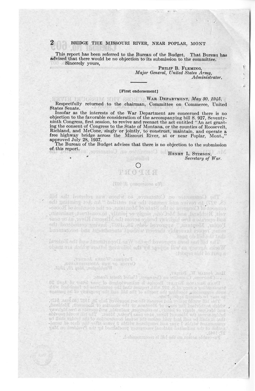 Memorandum from Frederick J. Bailey to M. C. Latta, S. 927, To Revive and Reenact An Act Granting the Consent of Congress to the State of Montana, or the Counties of Roosevelt, Richland, and McCone, Singly or Jointly, to Construct, Maintain, and Operate a Free Highway Bridge Across the Missouri River, at or Near Poplar, Montana, Approved July 28, 1937, with Attachments