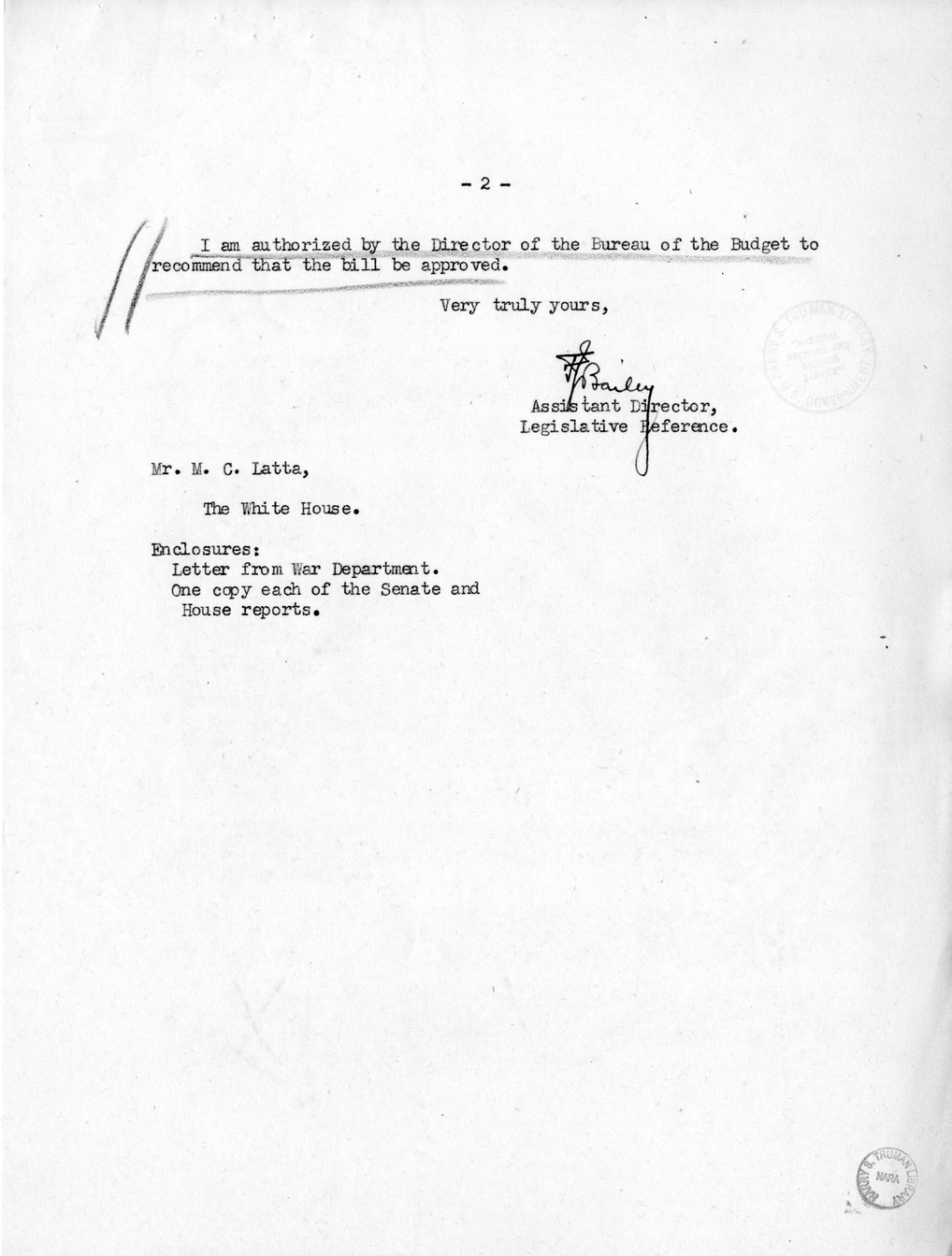 Memorandum from Frederick J. Bailey to M. C. Latta, S. 980, For the Relief of Mr. and Mrs. Edmund J. Saint Amant, Junior, with Attachments