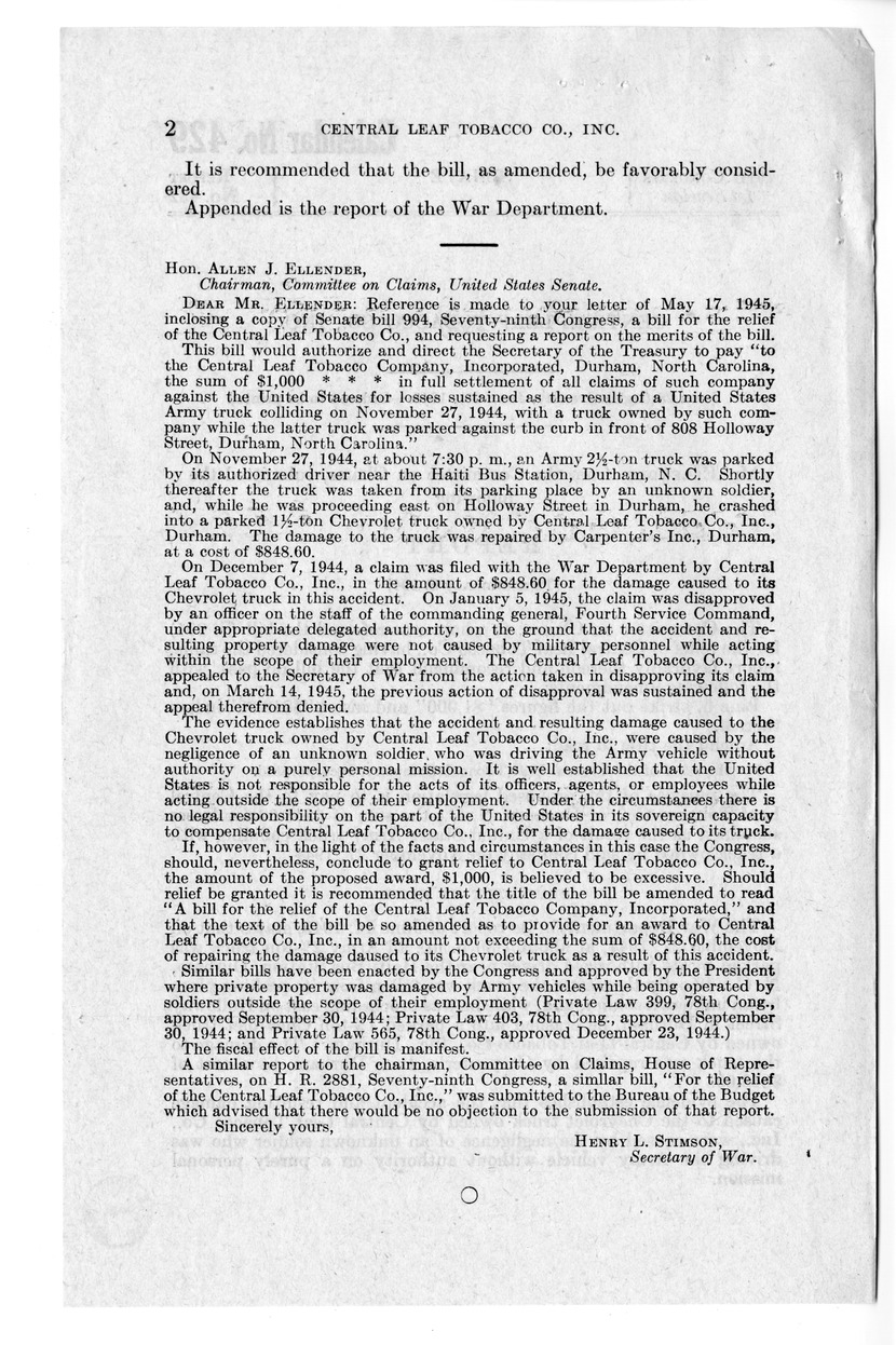 Memorandum from Frederick J. Bailey to M. C. Latta, S. 994, For the Relief of the Central Leaf Tobacco Company, Incorporated, with Attachments