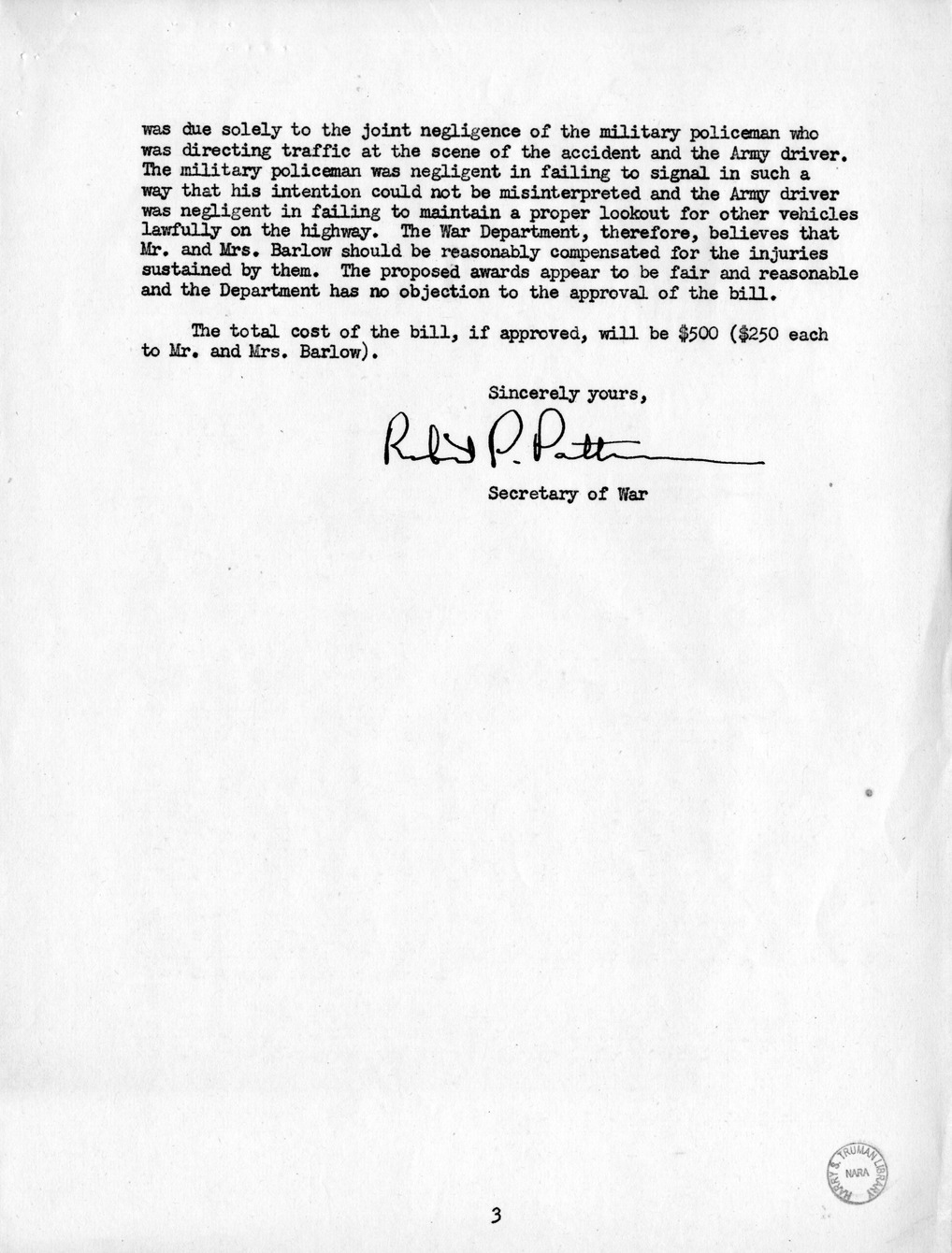 Memorandum from Frederick J. Bailey to M. C. Latta, S. 1023, For the Relief of Mr. and Mrs. Ernest L. Barlow, with Attachments
