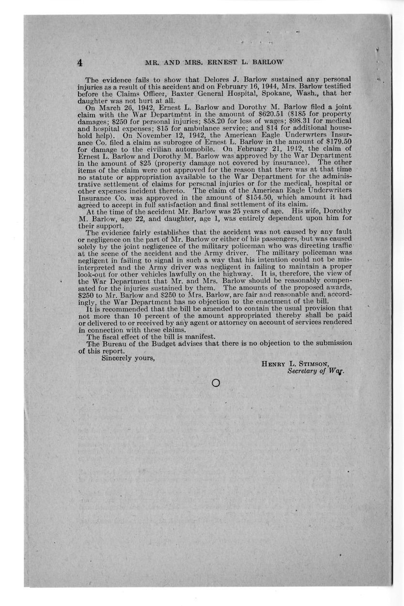 Memorandum from Frederick J. Bailey to M. C. Latta, S. 1023, For the Relief of Mr. and Mrs. Ernest L. Barlow, with Attachments